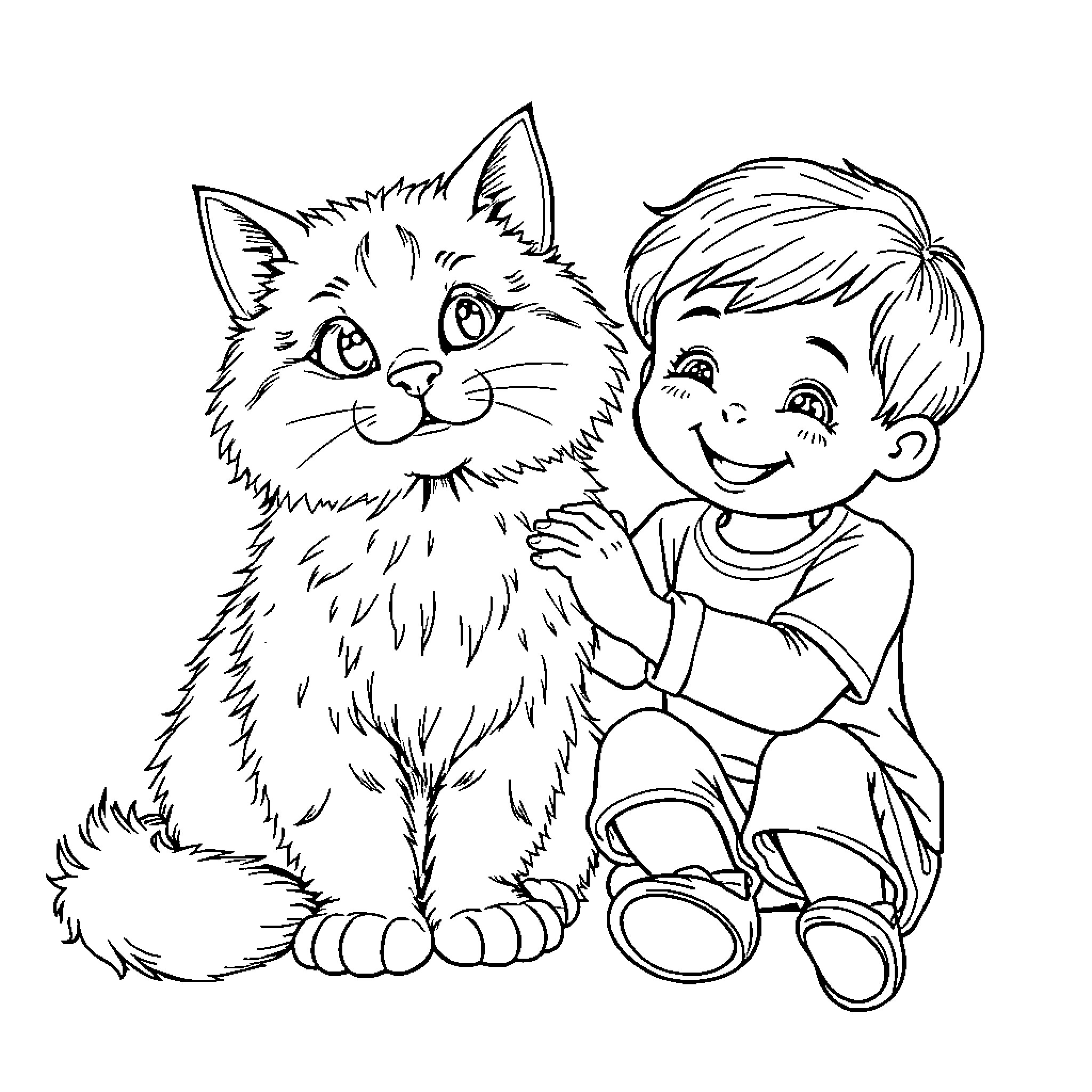 Cat and child playing together Coloring Page (free black-and-white line drawing printable PDF for all, from beginners to advanced learners, including children, teens, adults, and seniors)
