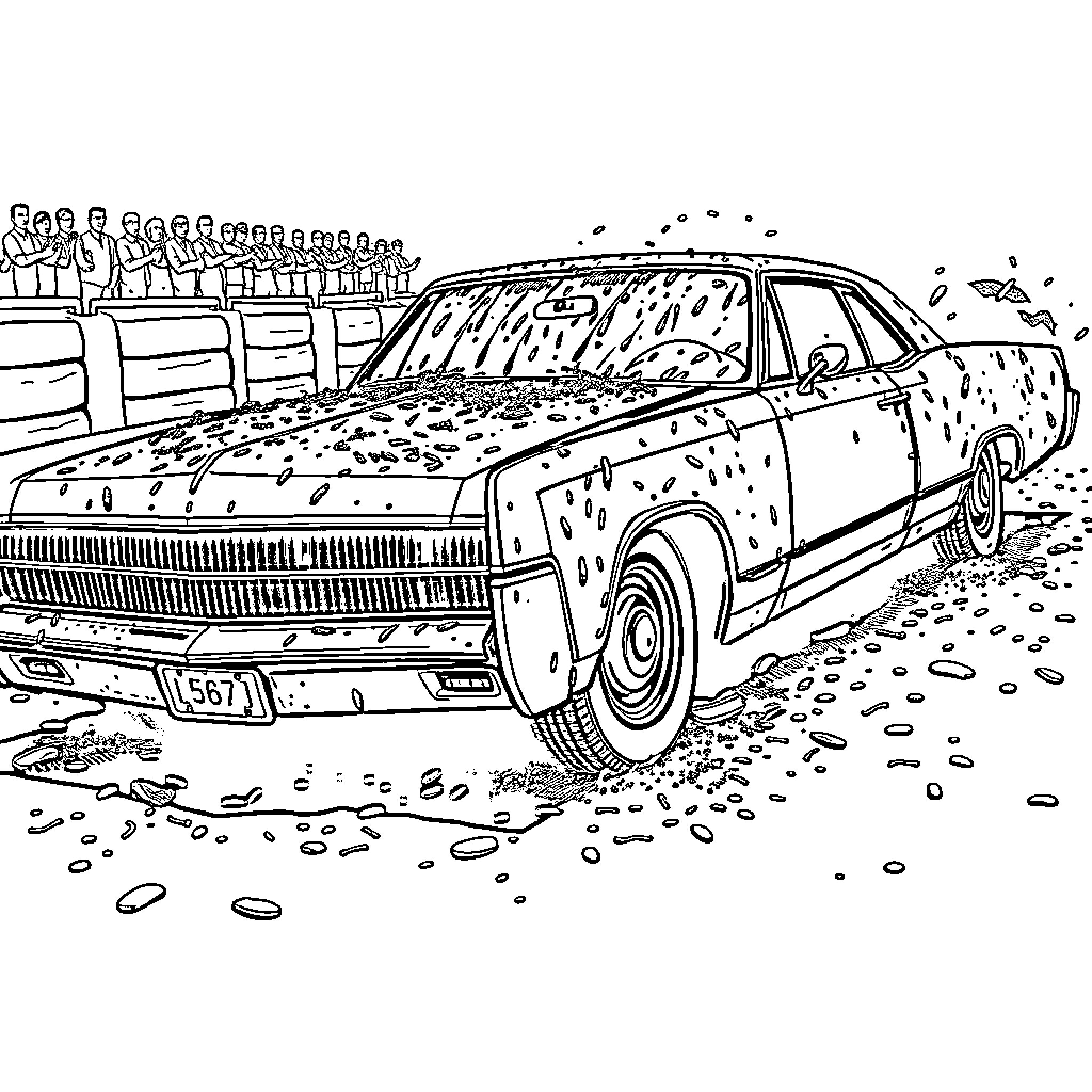 Chrysler Sedan Navigates Muddy Terrain with Determination Coloring Page (free black-and-white line drawing printable PDF for all, from beginners to advanced learners, including children, teens, adults, and seniors)