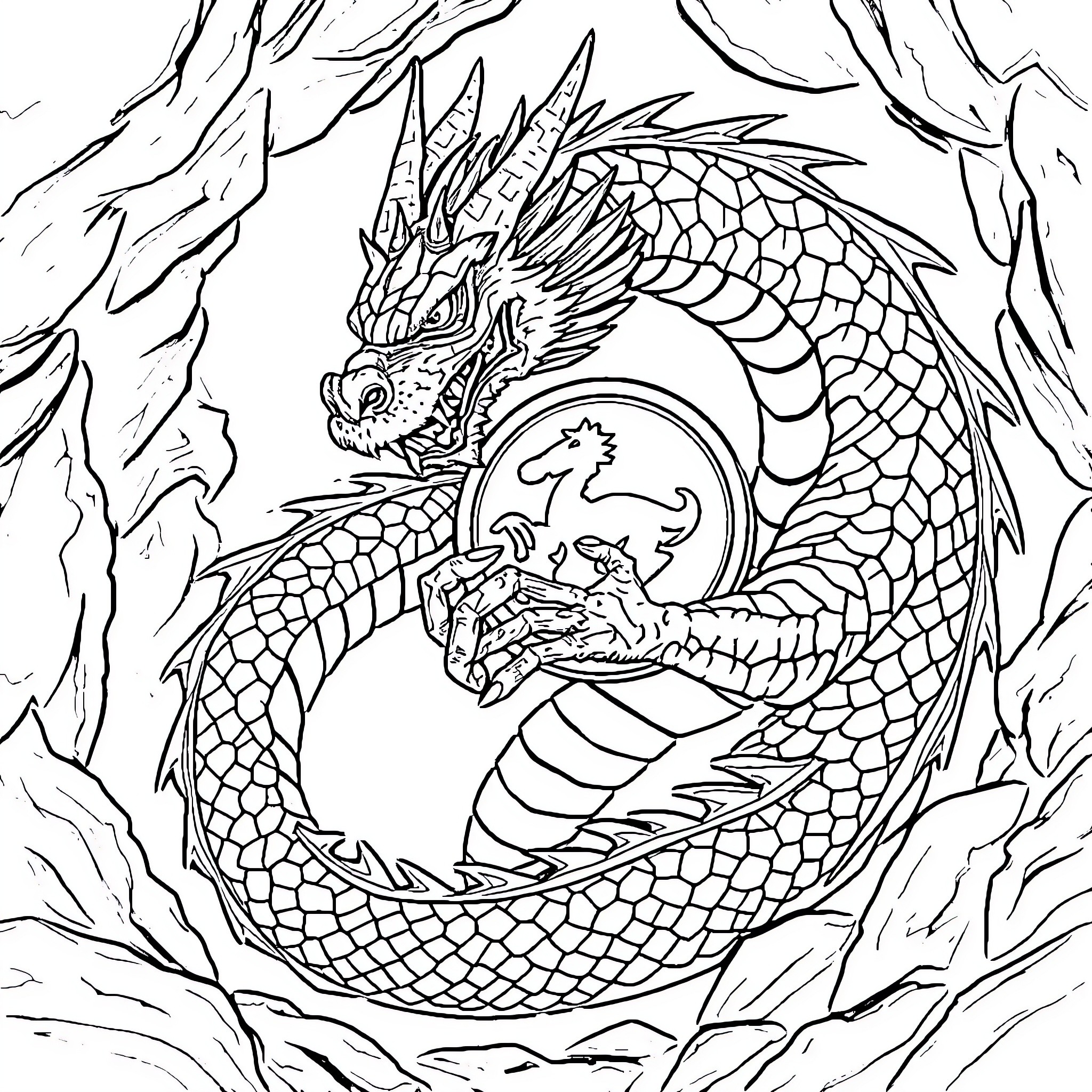 Dragon guarding a magical orb in the cave Coloring Page (free black-and-white line drawing printable PDF for all, from beginners to advanced learners, including children, teens, adults, and seniors)