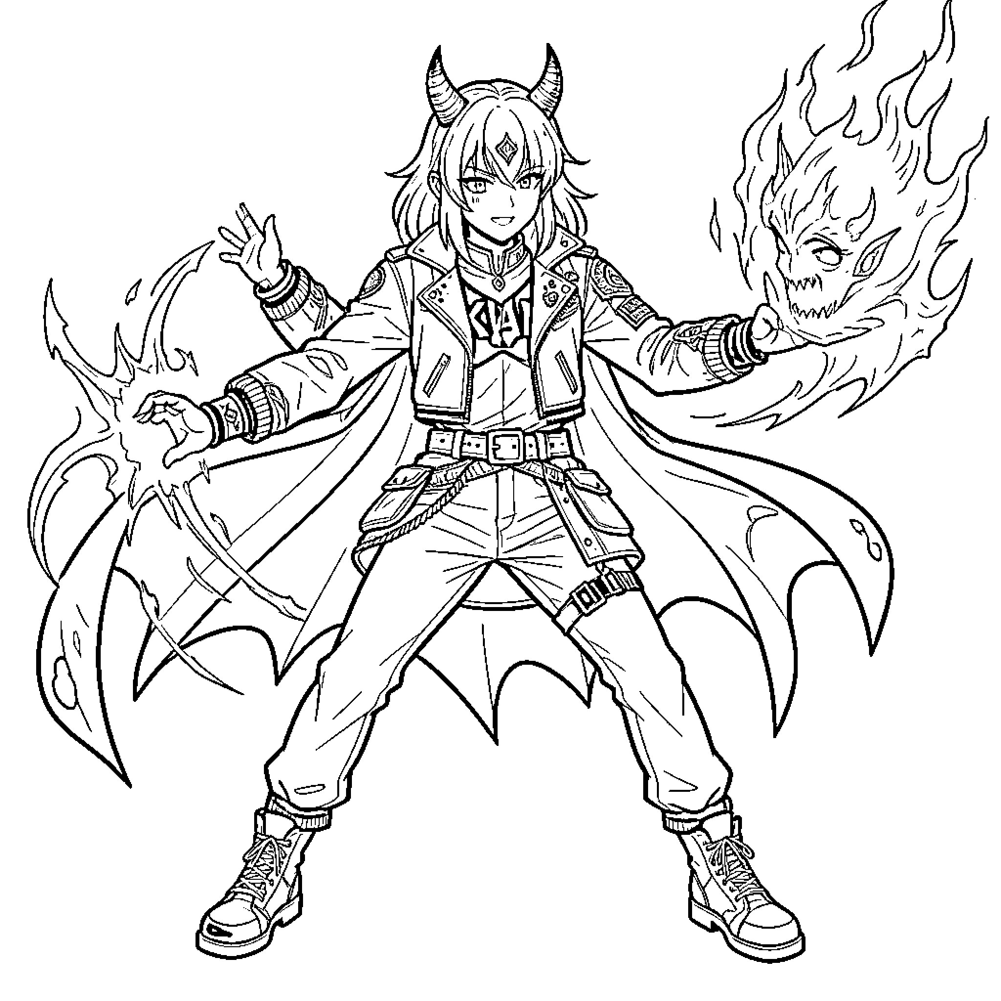 Kpop Demon Hunter wielding mystical fire and energy Coloring Page (free black-and-white line drawing printable PDF for all, from beginners to advanced learners, including children, teens, adults, and seniors)