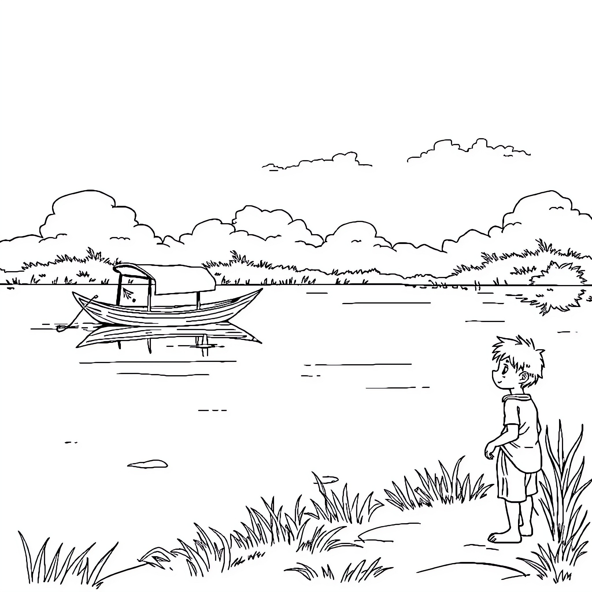 Boat navigating peaceful river amid greenery Coloring Page (free black-and-white line drawing printable PDF for all, from beginners to advanced learners, including children, teens, adults, and seniors)