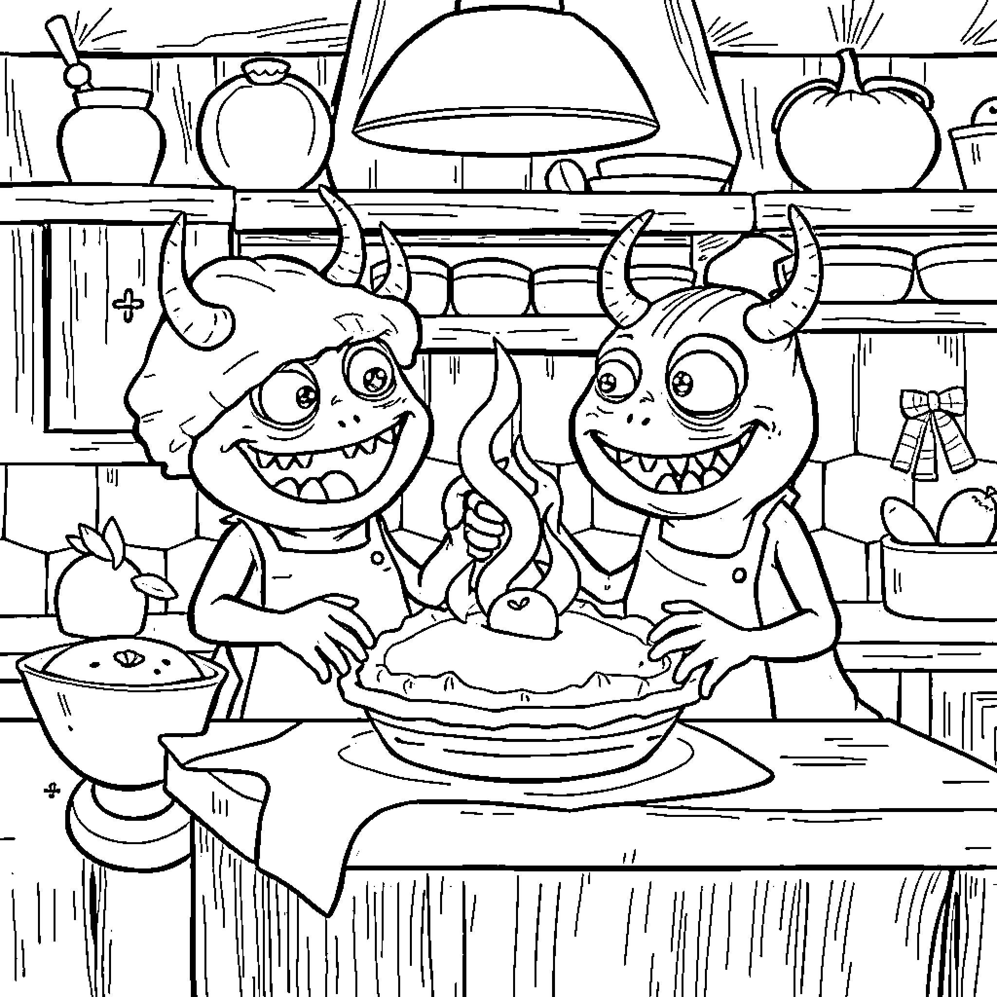 Monster Chefs Cooking Up Delicious Meal in Kitchen Coloring Page (free black-and-white line drawing printable PDF for all, from beginners to advanced learners, including children, teens, adults, and seniors)