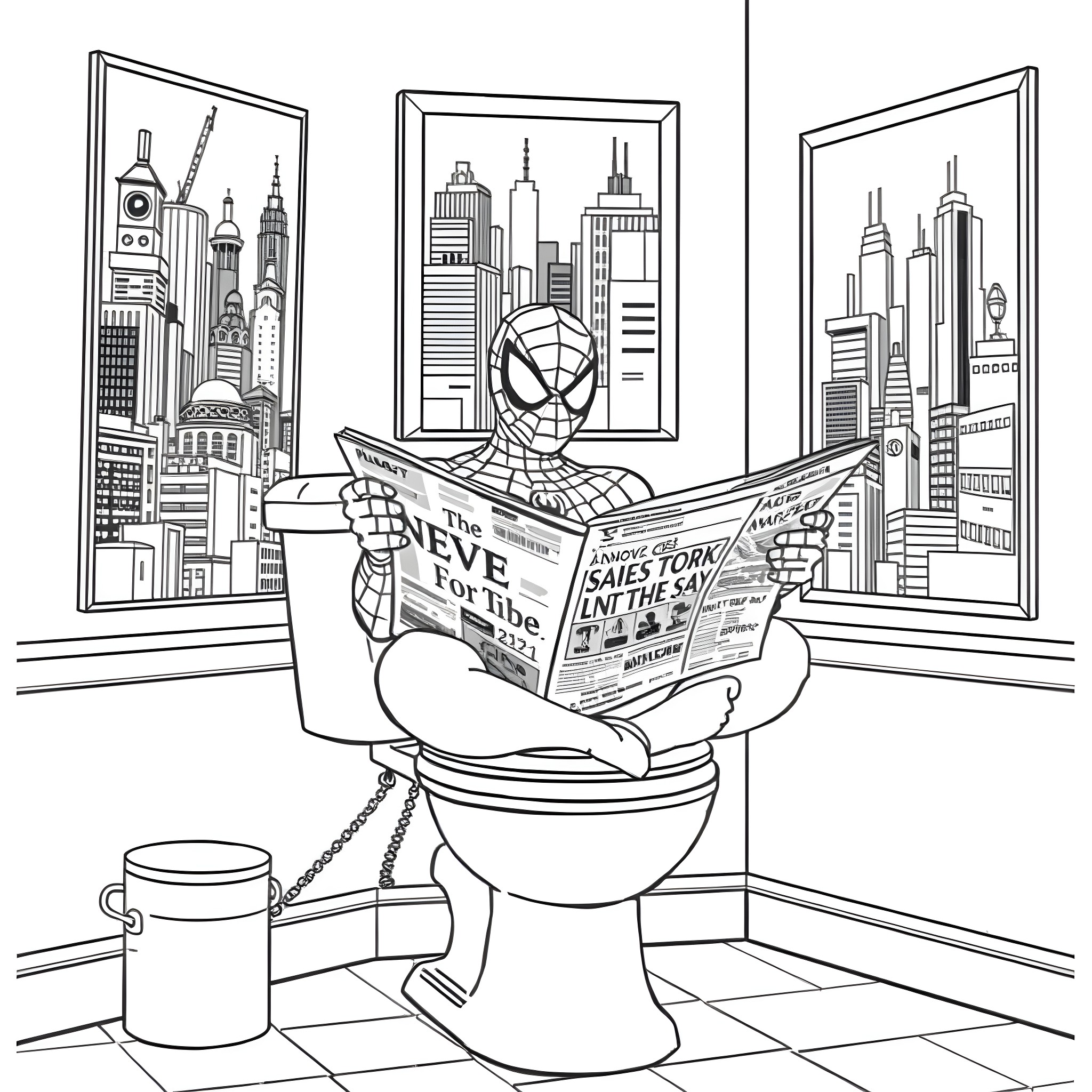 Spiderman reading the newspaper on the toilet in the city Coloring Page (free black-and-white line drawing printable PDF for all, from beginners to advanced learners, including children, teens, adults, and seniors)
