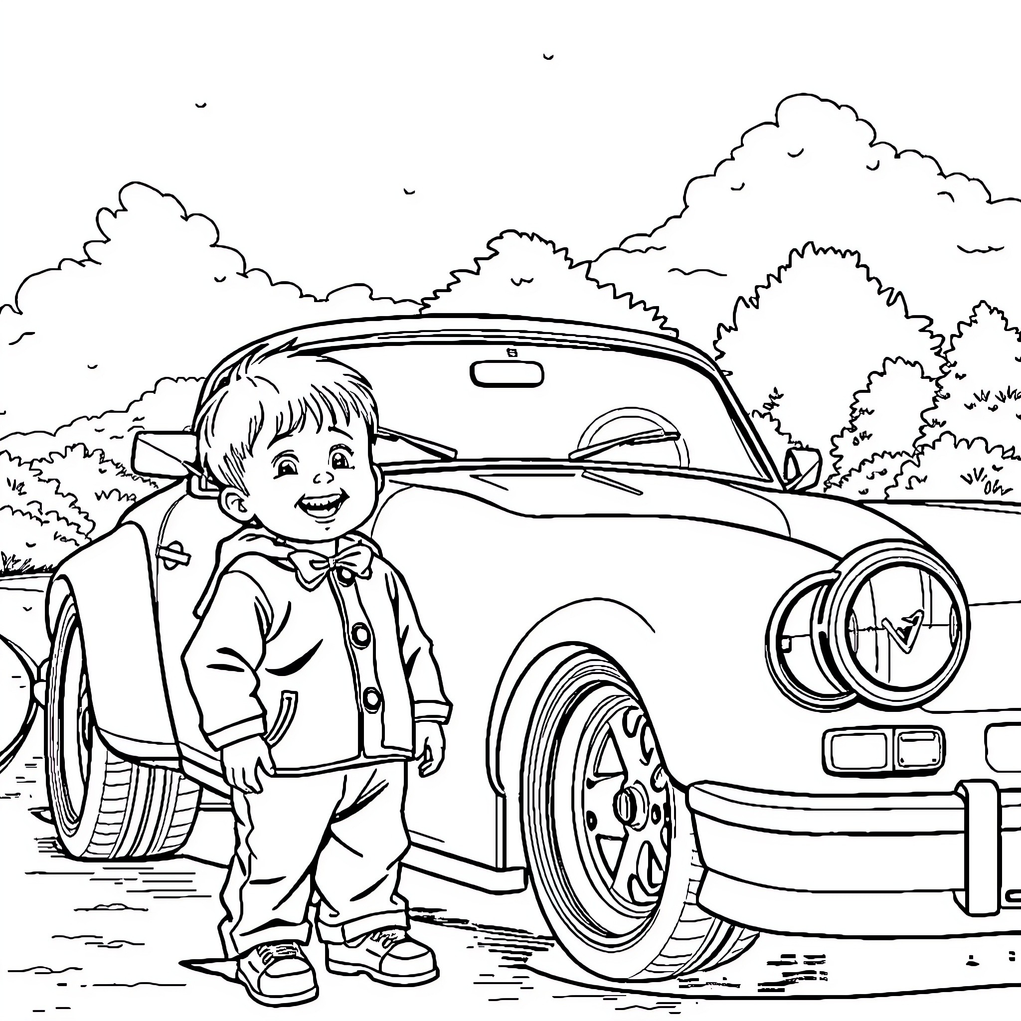 Child standing proudly next to their car Coloring Page (free black-and-white line drawing printable PDF for all, from beginners to advanced learners, including children, teens, adults, and seniors)