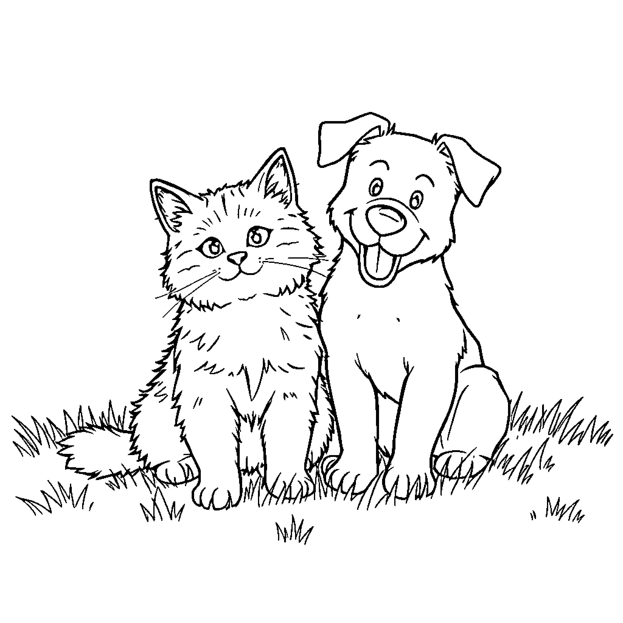 Cat-Dog playing together in the field Coloring Page (free black-and-white line drawing printable PDF for all, from beginners to advanced learners, including children, teens, adults, and seniors)