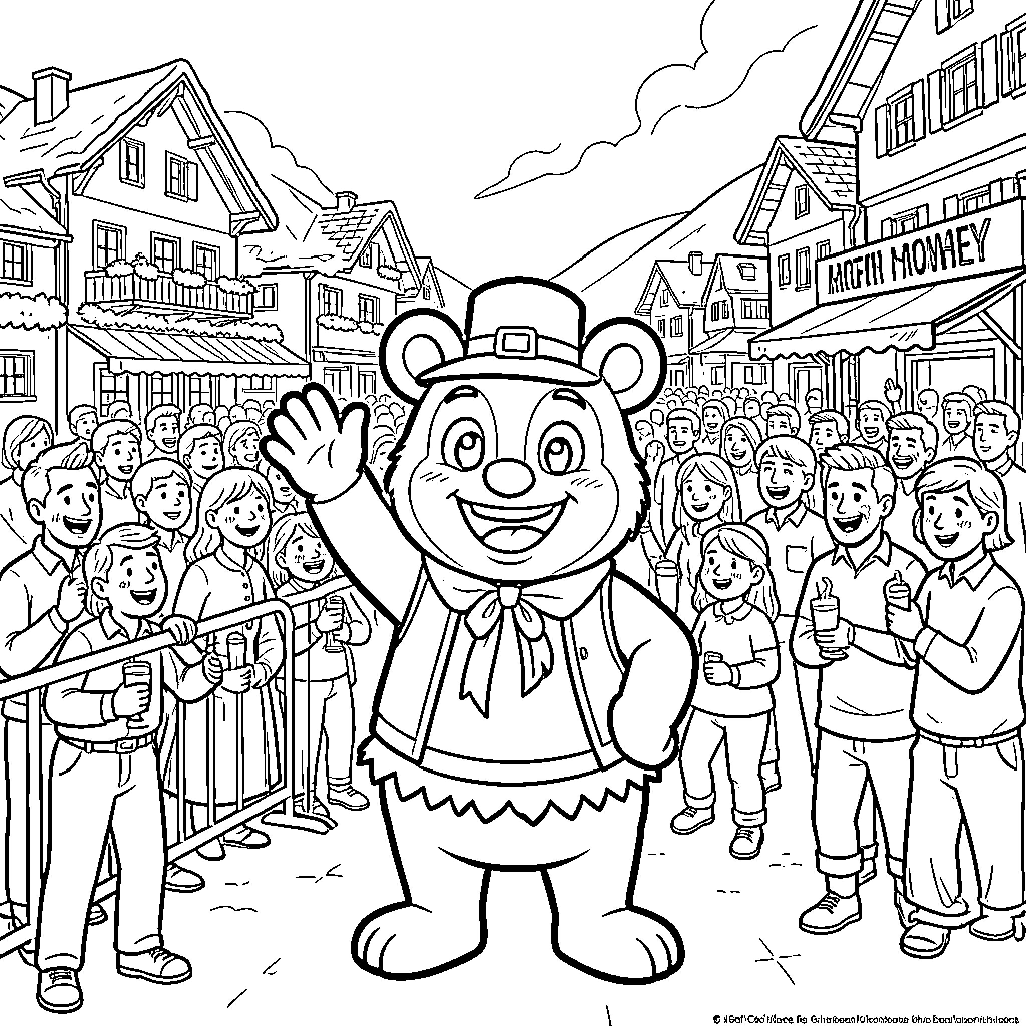 Folky bear character waving to a cheering crowd Coloring Page (free black-and-white line drawing printable PDF for all, from beginners to advanced learners, including children, teens, adults, and seniors)
