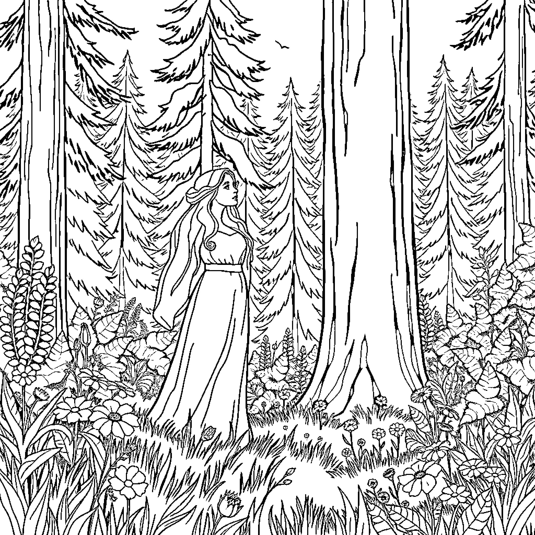 Snow White in Enchanted Forest Scenery Coloring Page (free black-and-white line drawing printable PDF for all, from beginners to advanced learners, including children, teens, adults, and seniors)