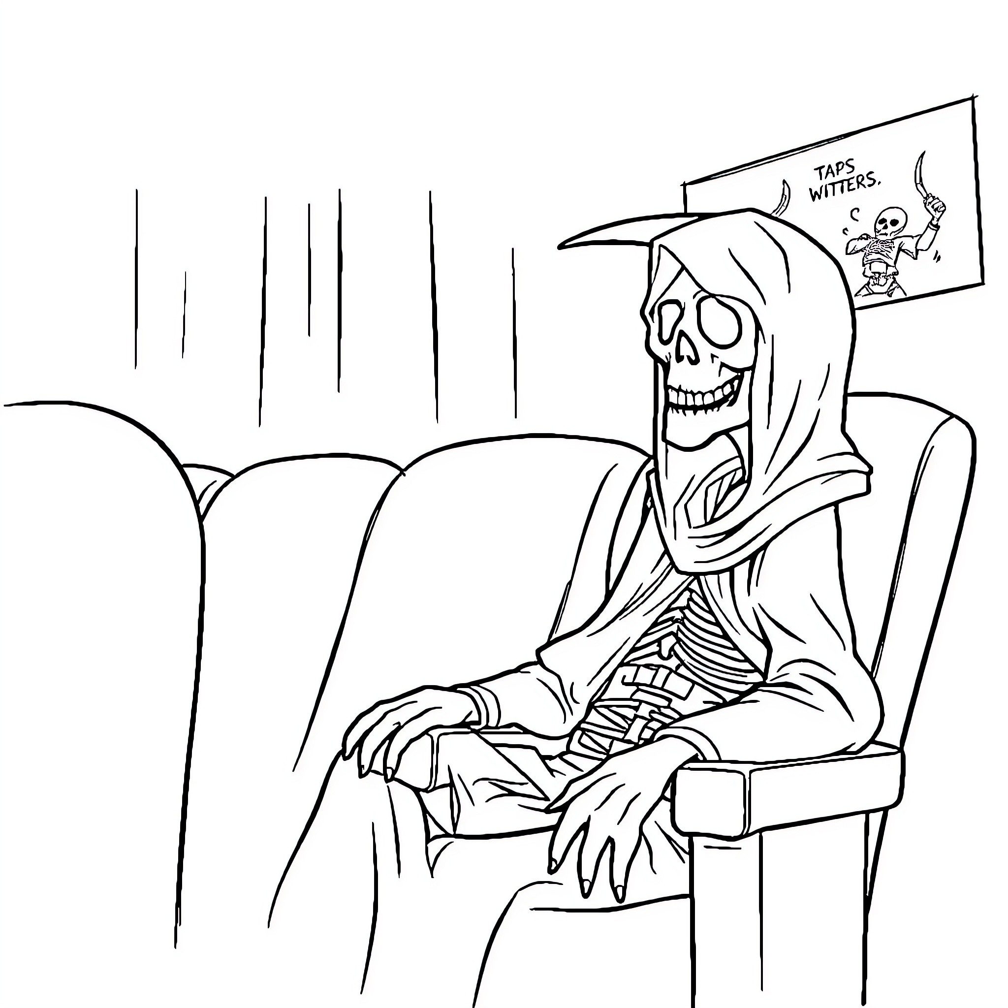 Grim Reaper Relaxing in the Theater Coloring Page (free black-and-white line drawing printable PDF for all, from beginners to advanced learners, including children, teens, adults, and seniors)