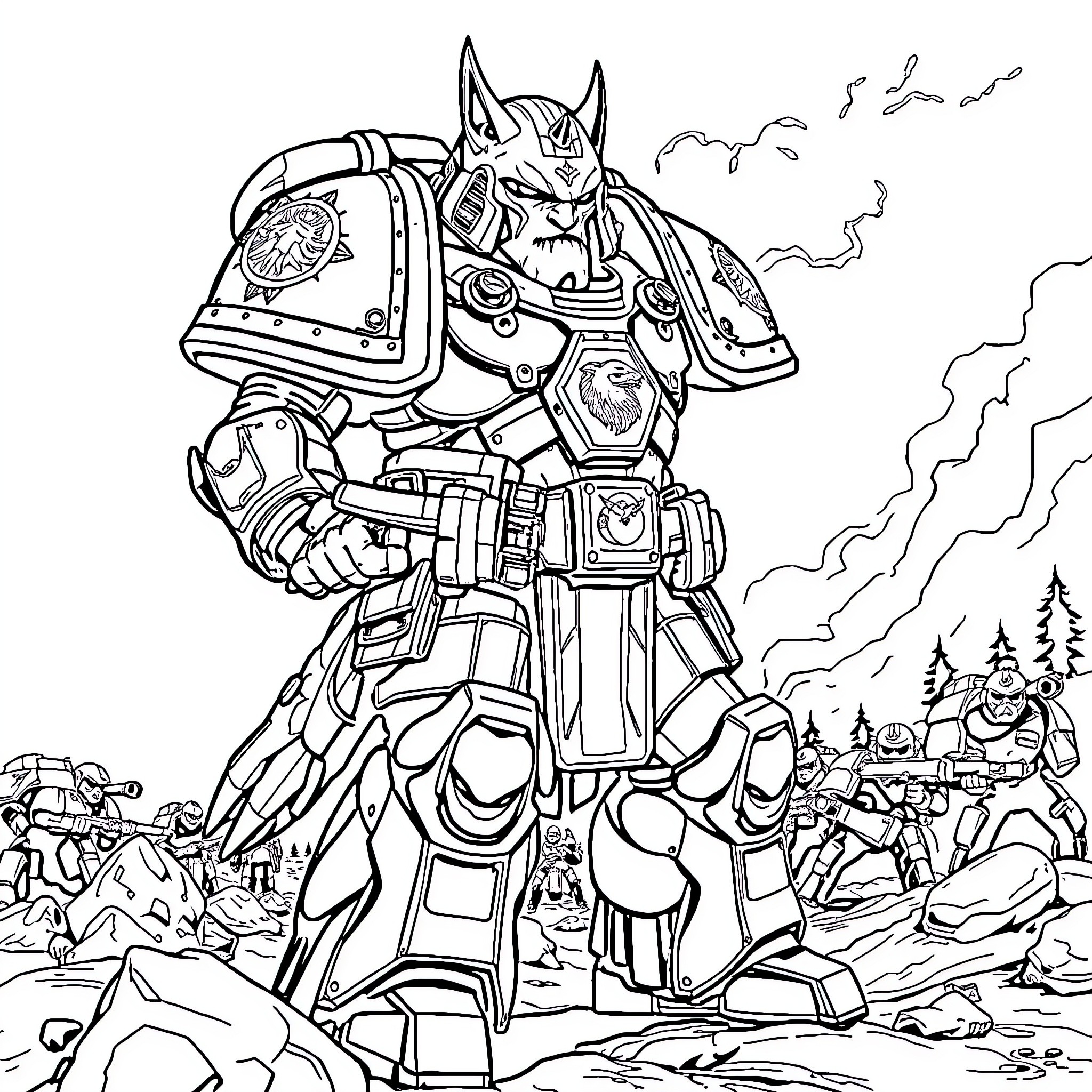 Space Marine in Commanding Pose on the Battlefield Coloring Page (free black-and-white line drawing printable PDF for all, from beginners to advanced learners, including children, teens, adults, and seniors)