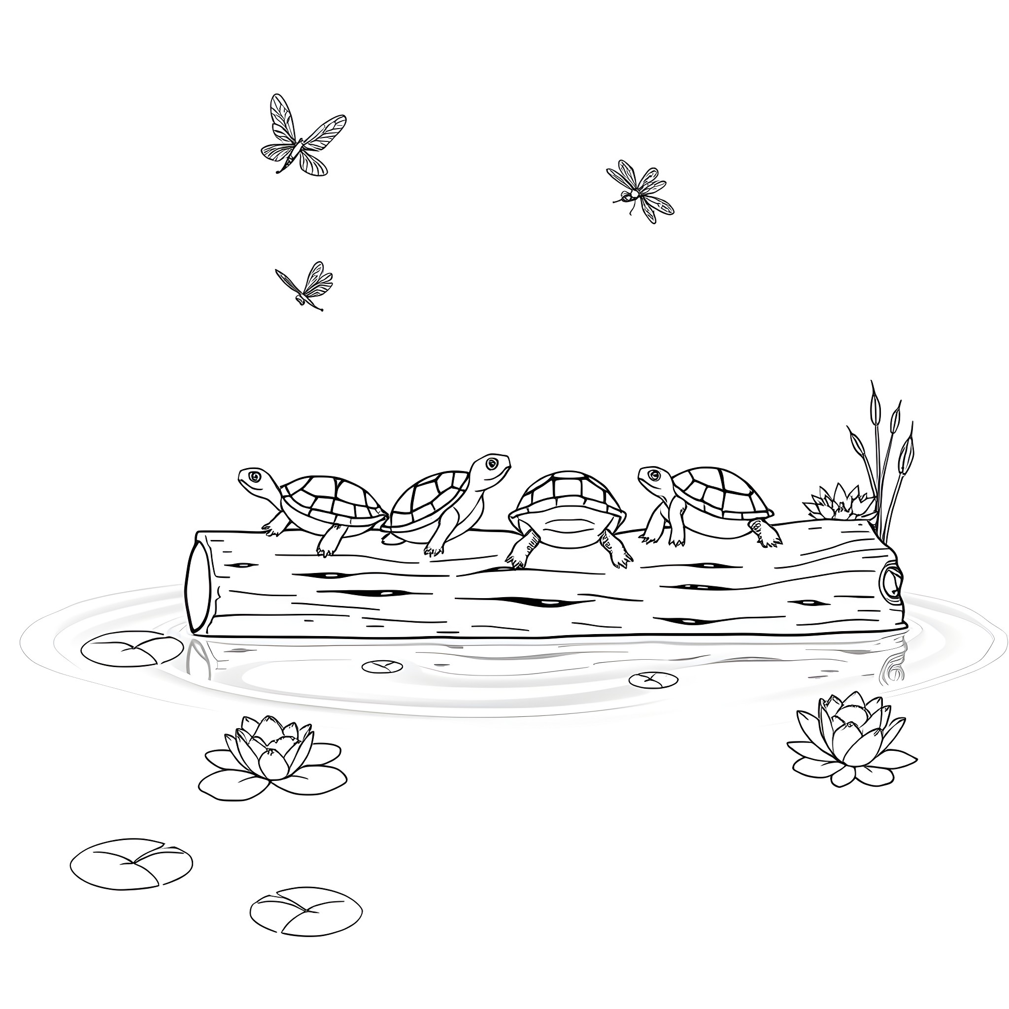 Turtle family basking in the pond Coloring Page (free black-and-white line drawing printable PDF for all, from beginners to advanced learners, including children, teens, adults, and seniors)