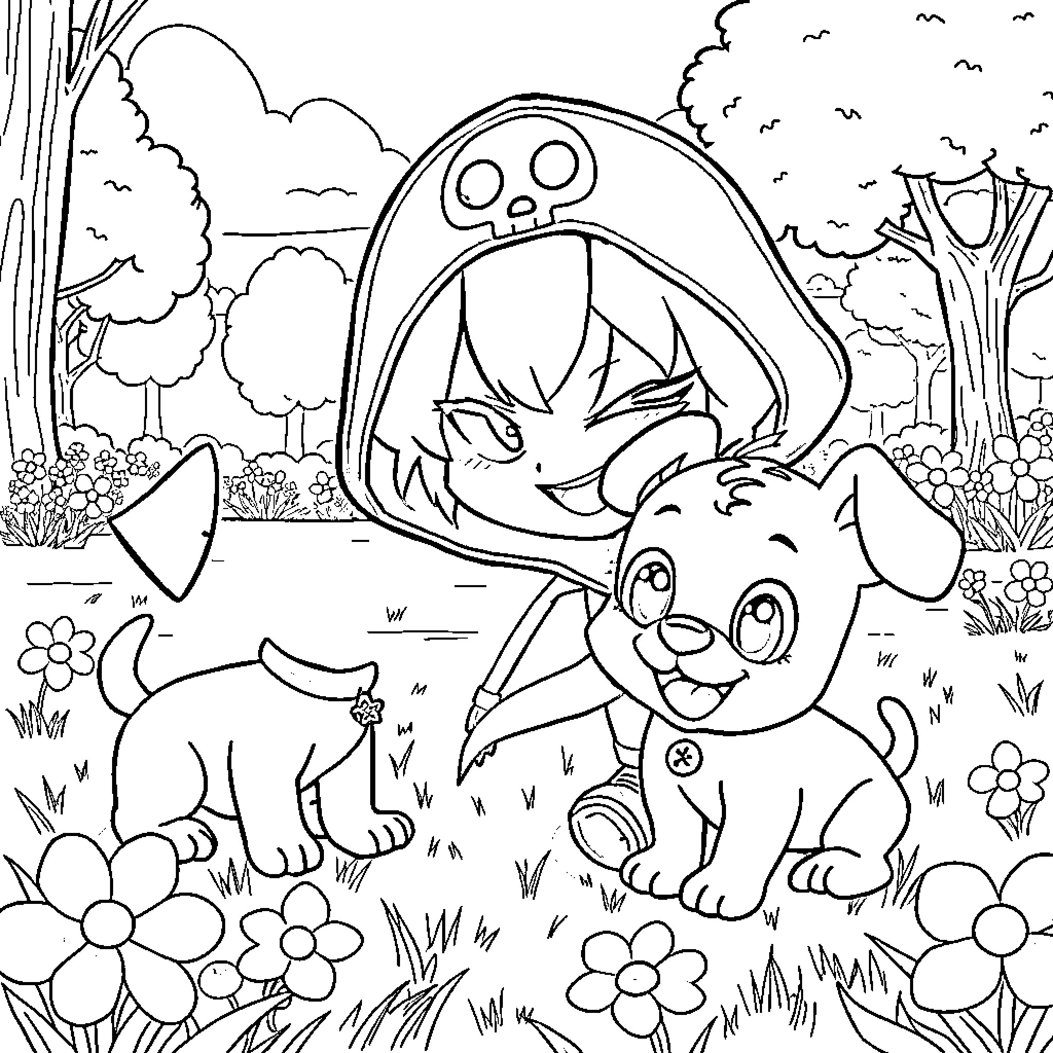 Kuromi playing in the enchanted forest with her puppy Coloring Page (free black-and-white line drawing printable PDF for all, from beginners to advanced learners, including children, teens, adults, and seniors)