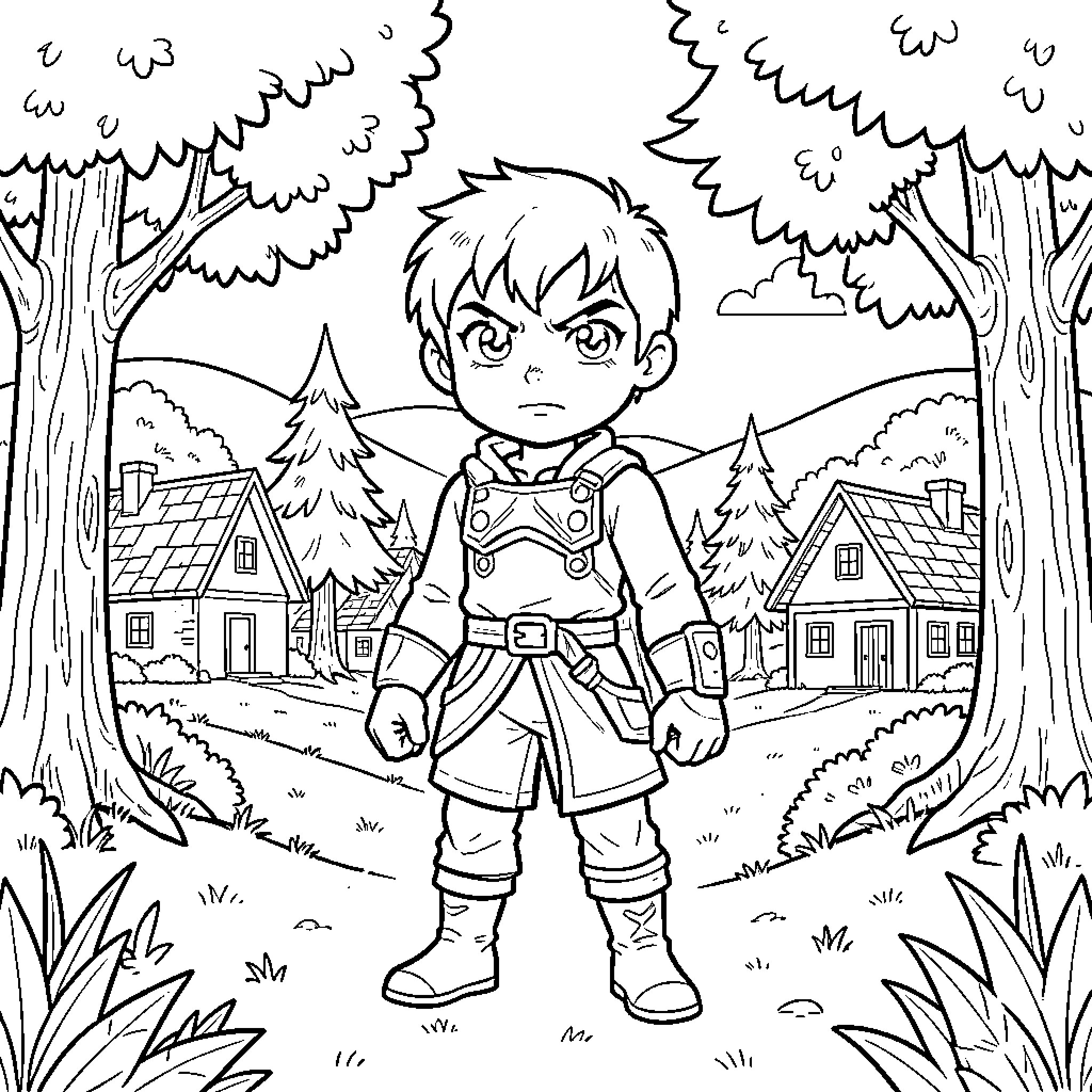 Foltyn's Adventurous Exploration in the Enchanted Forest Coloring Page (free black-and-white line drawing printable PDF for all, from beginners to advanced learners, including children, teens, adults, and seniors)