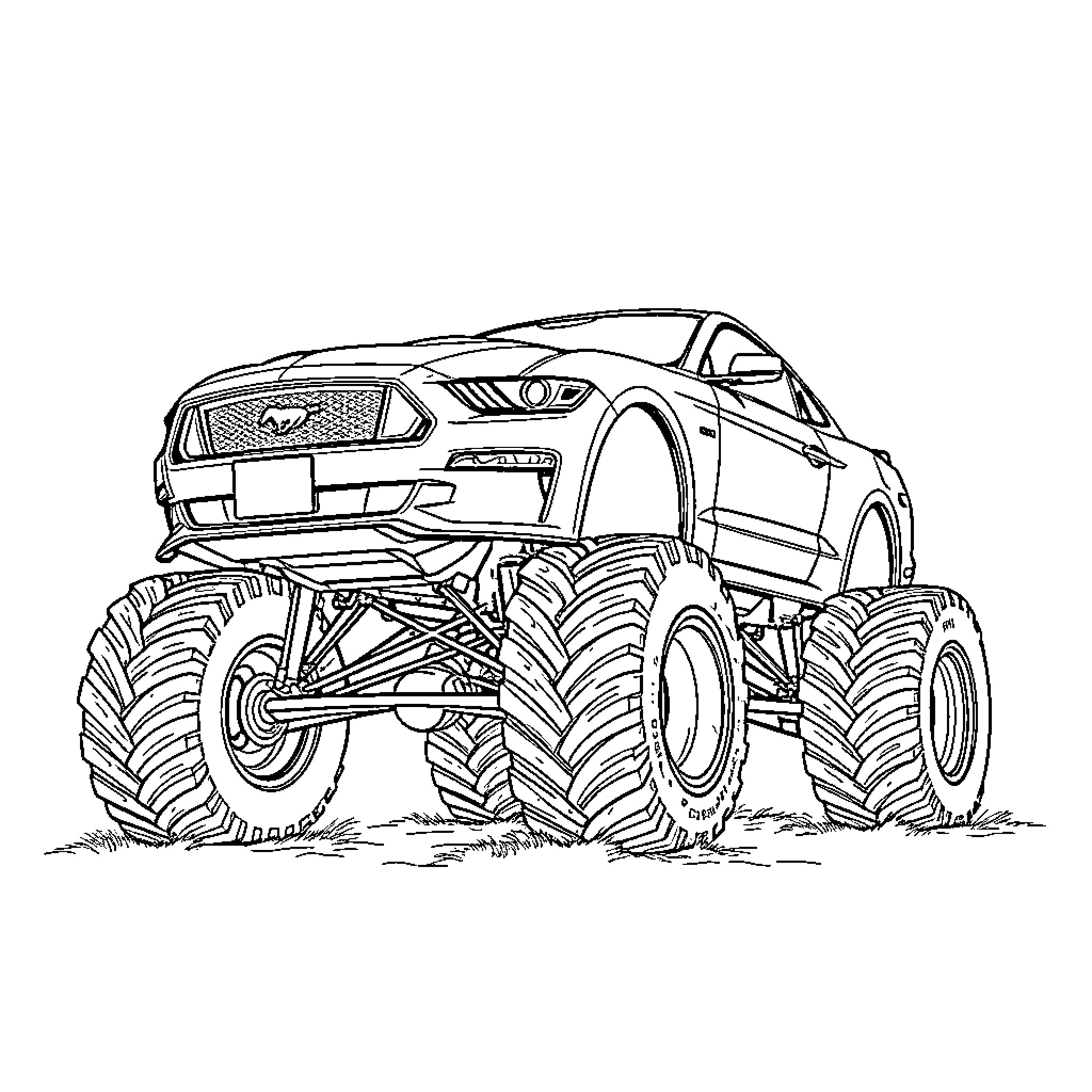 Mustang Monster Truck Performing Stunts Coloring Page (free black-and-white line drawing printable PDF for all, from beginners to advanced learners, including children, teens, adults, and seniors)
