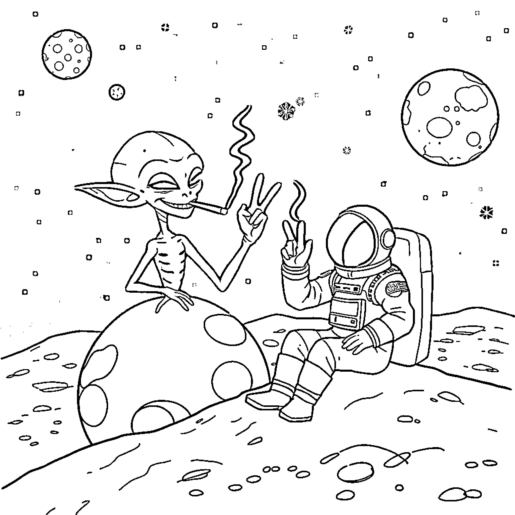 Alien astronaut explores mysterious extraterrestrial landscape Coloring Page (free black-and-white line drawing printable PDF for all, from beginners to advanced learners, including children, teens, adults, and seniors)
