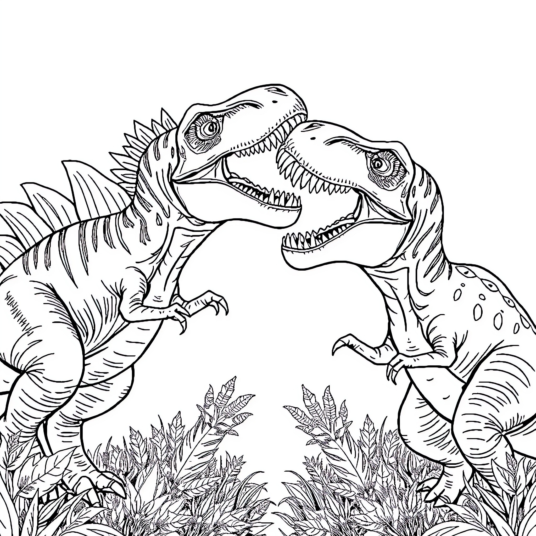 Dinosaurs Fiercely Confronting Each Other in the Wild Coloring Page (free black-and-white line drawing printable PDF for all, from beginners to advanced learners, including children, teens, adults, and seniors)