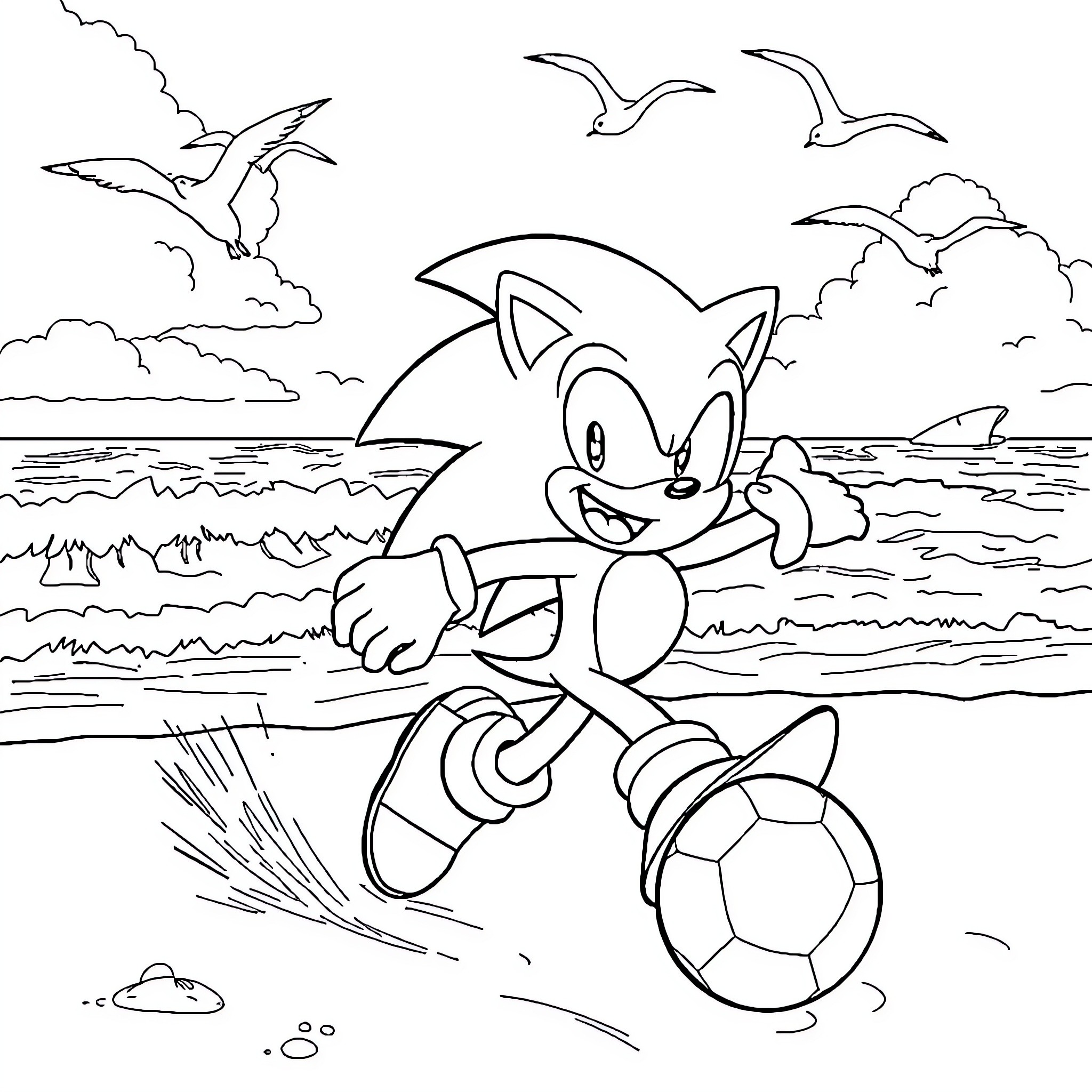 Sonic playing with a soccer ball on the beach Coloring Page (free black-and-white line drawing printable PDF for all, from beginners to advanced learners, including children, teens, adults, and seniors)