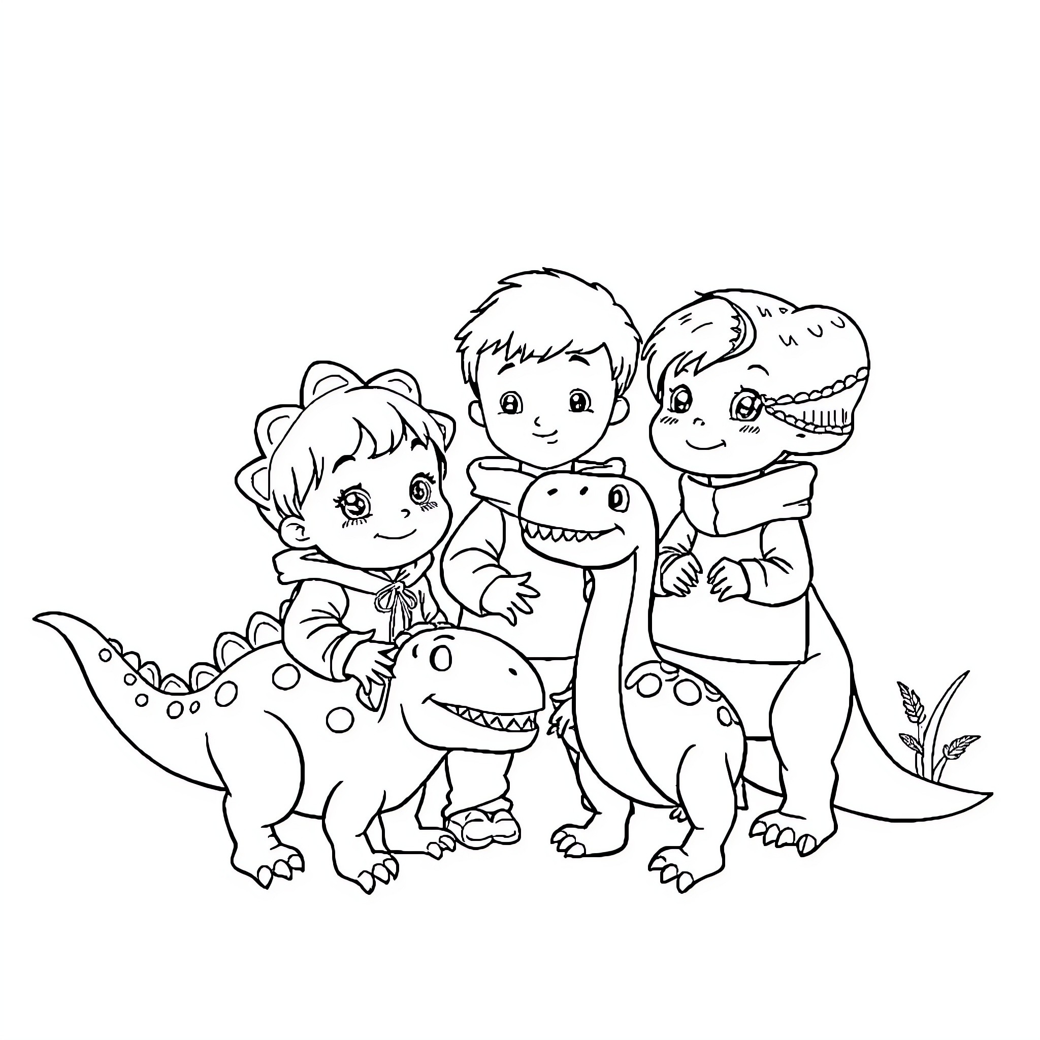 Dinosaur friends enjoying a playful adventure Coloring Page (free black-and-white line drawing printable PDF for all, from beginners to advanced learners, including children, teens, adults, and seniors)