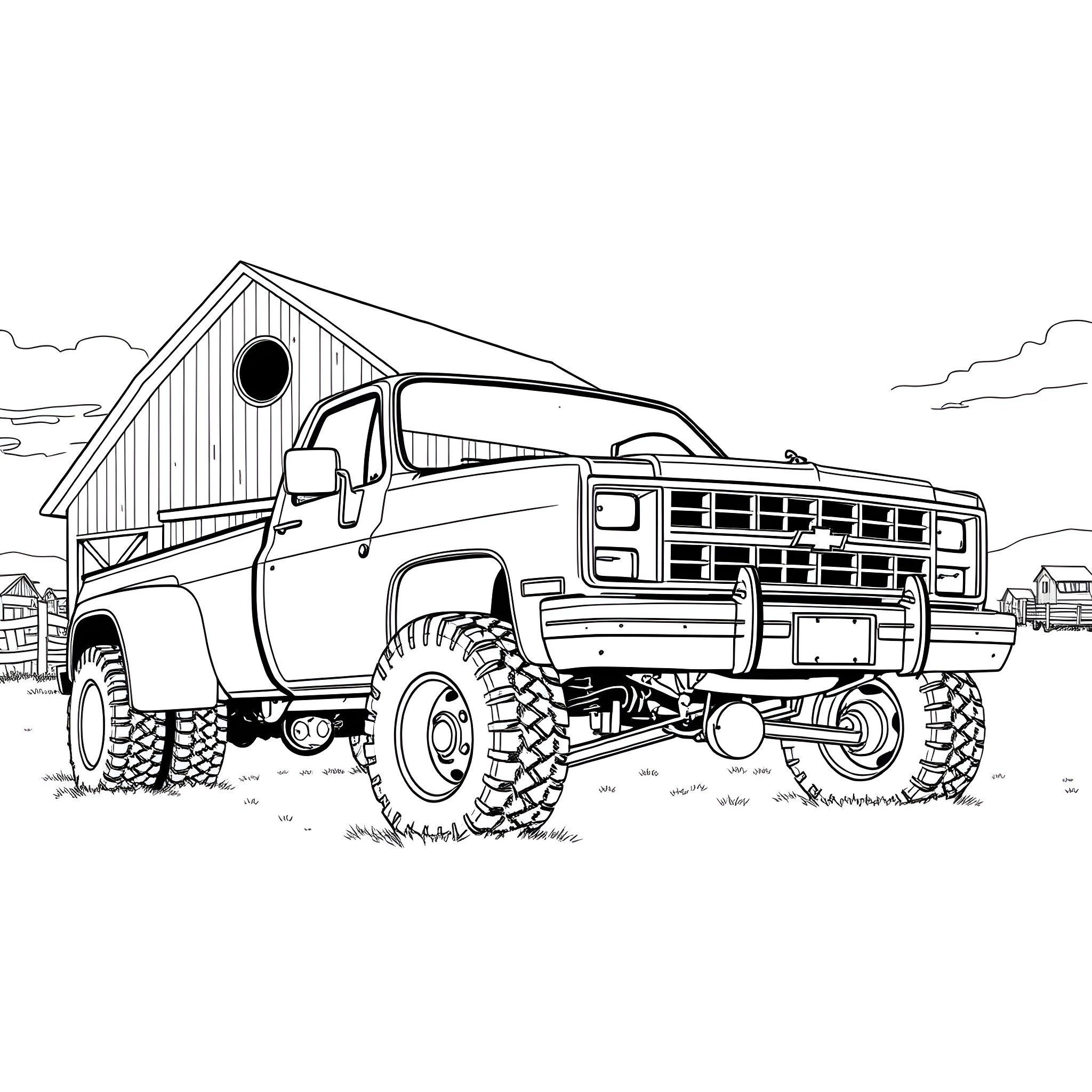 Chevy pickup truck off-roading on the countryside Coloring Page (free black-and-white line drawing printable PDF for all, from beginners to advanced learners, including children, teens, adults, and seniors)