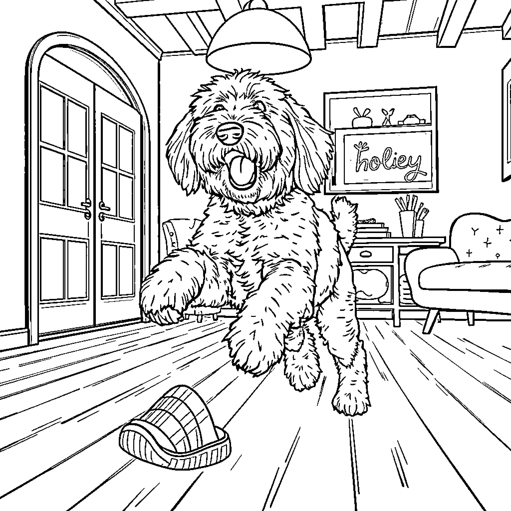 Labradoodle exploring a cozy home interior Coloring Page (free black-and-white line drawing printable PDF for all, from beginners to advanced learners, including children, teens, adults, and seniors)