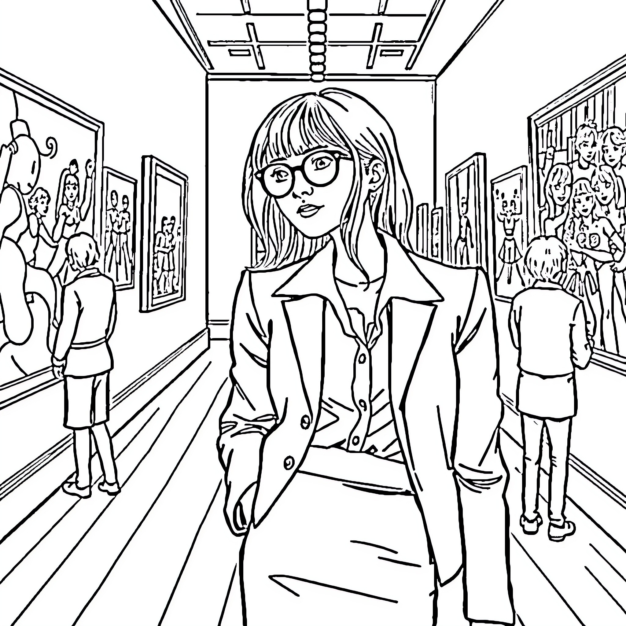 Girl exploring an art gallery Coloring Page (free black-and-white line drawing printable PDF for all, from beginners to advanced learners, including children, teens, adults, and seniors)