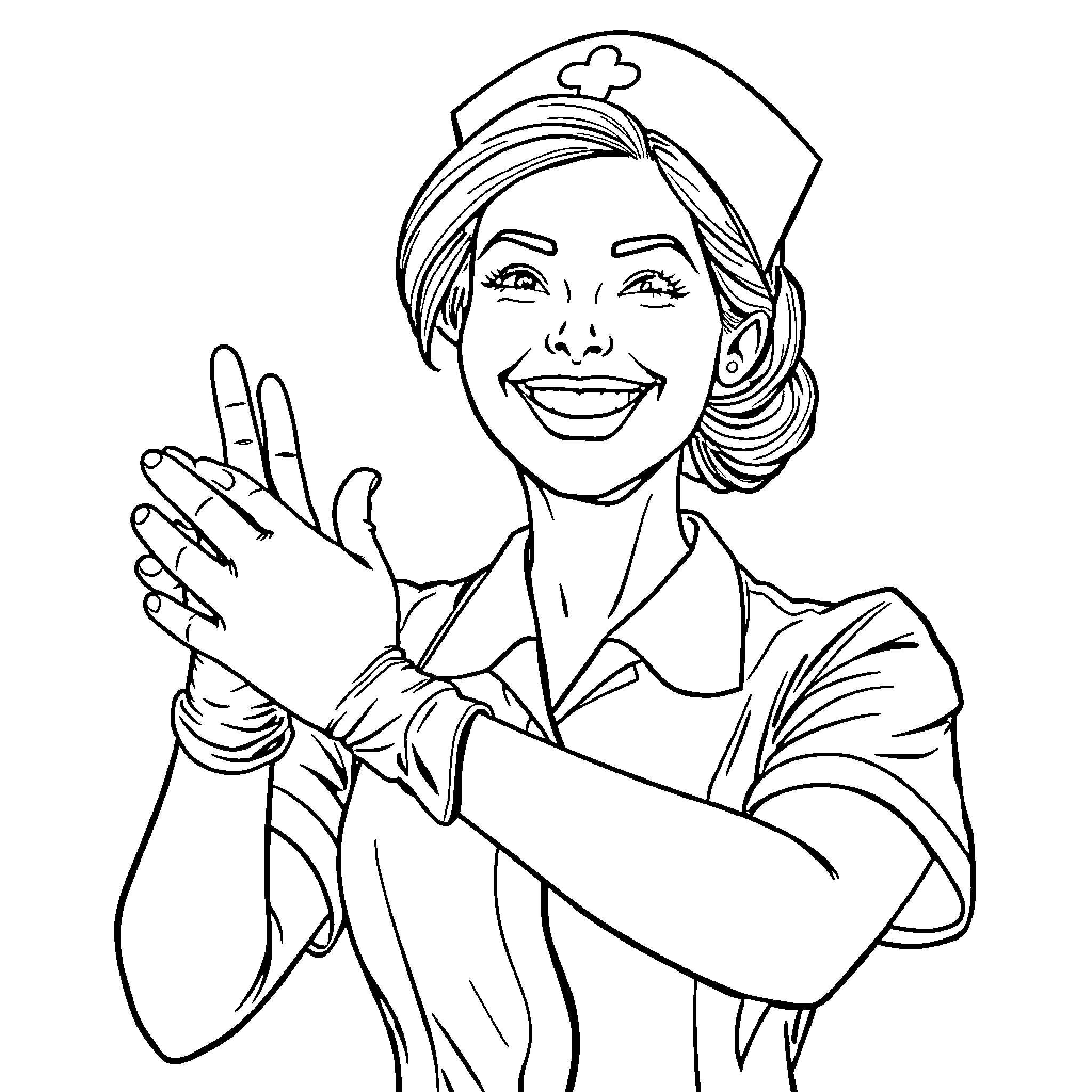 Nurse Greeting Warmly and Waving Coloring Page (free black-and-white line drawing printable PDF for all, from beginners to advanced learners, including children, teens, adults, and seniors)