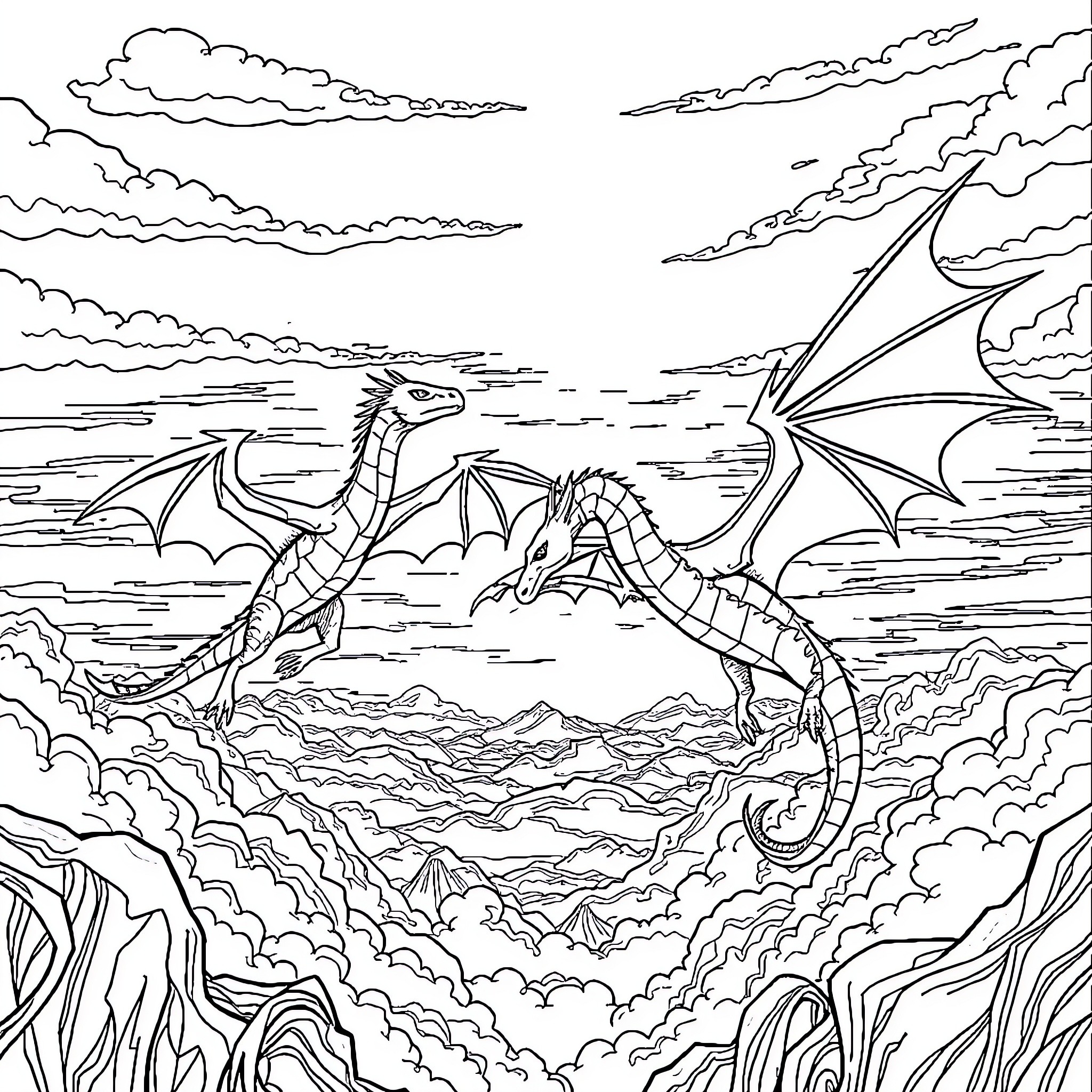 Dragon soaring over a dramatic landscape Coloring Page (free black-and-white line drawing printable PDF for all, from beginners to advanced learners, including children, teens, adults, and seniors)