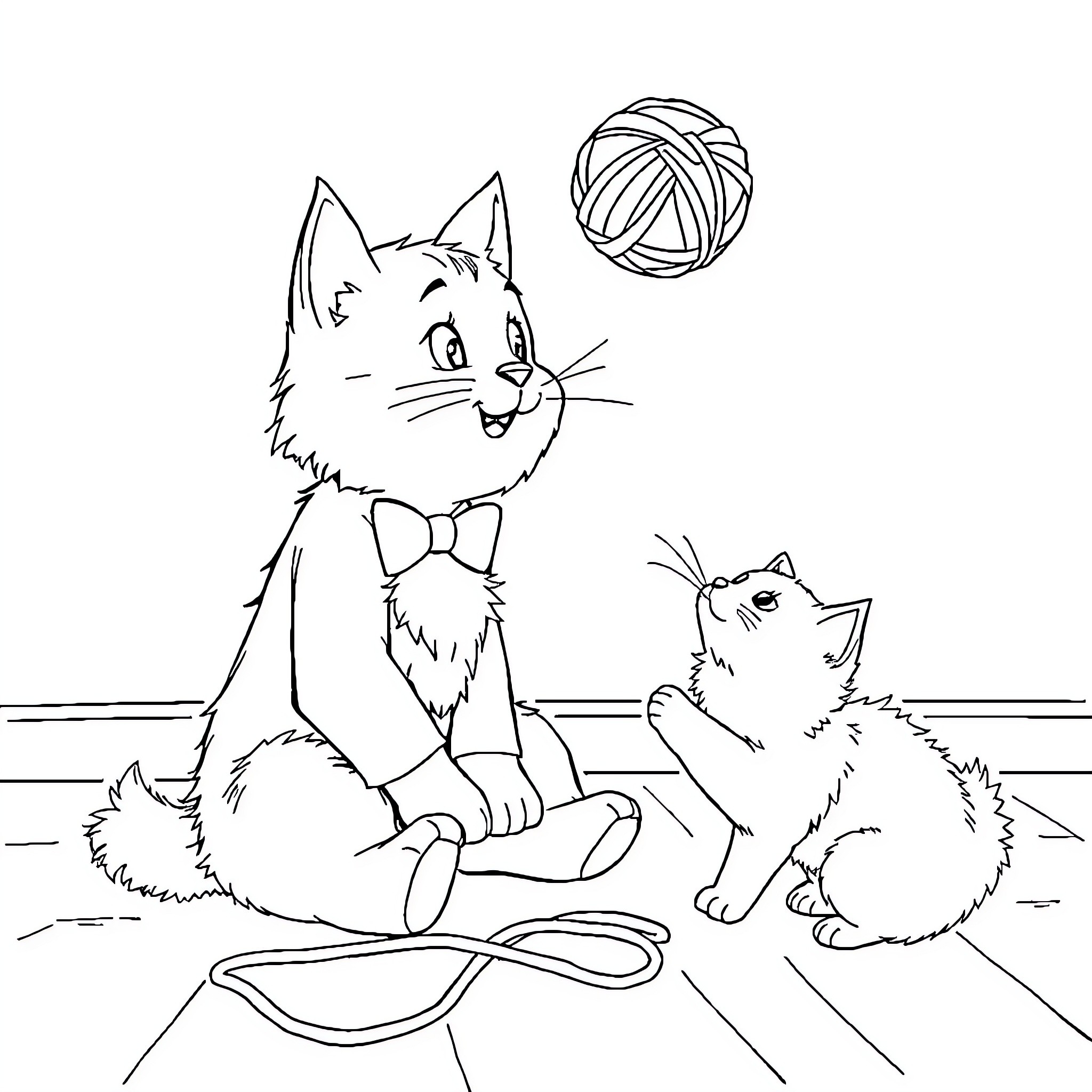 Alastor's Playful Feline Companions Coloring Page (free black-and-white line drawing printable PDF for all, from beginners to advanced learners, including children, teens, adults, and seniors)