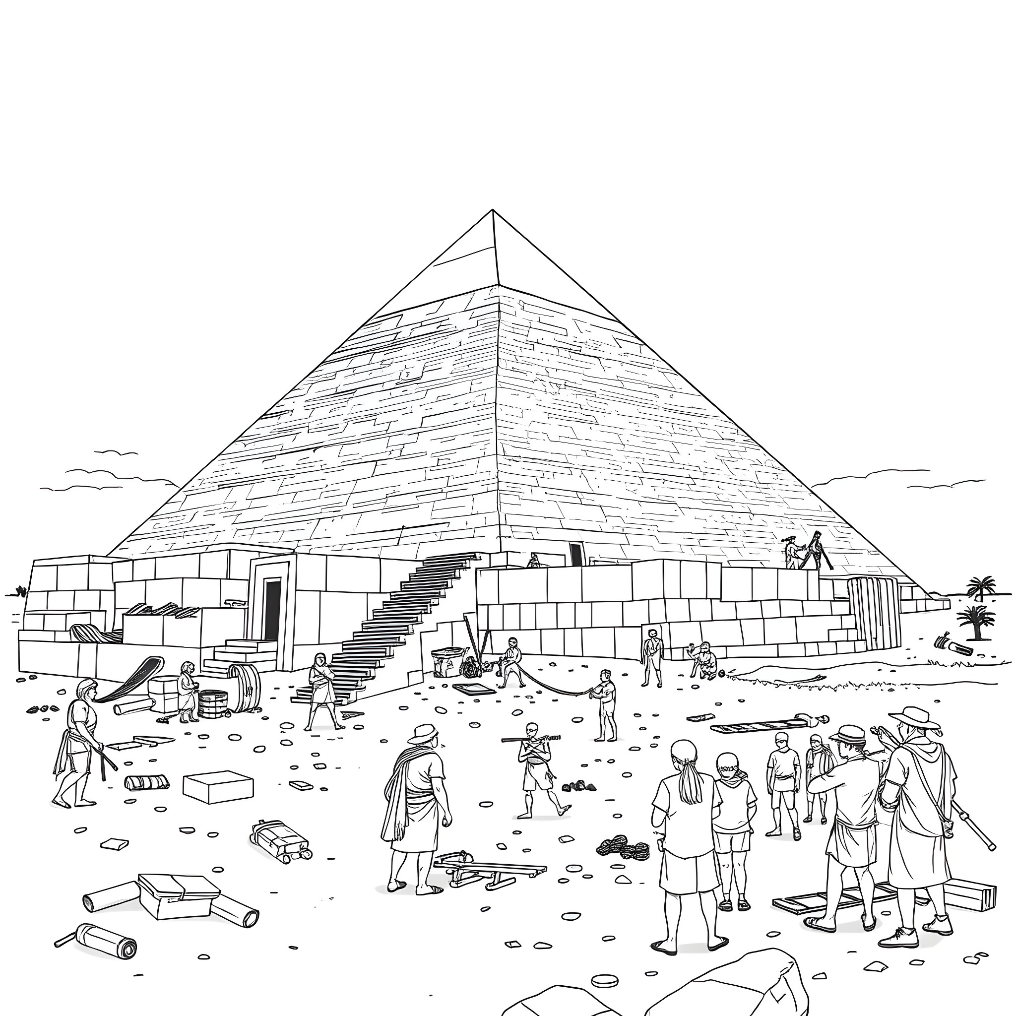 Pyramid of ancient civilization with people exploring Coloring Page (free black-and-white line drawing printable PDF for all, from beginners to advanced learners, including children, teens, adults, and seniors)