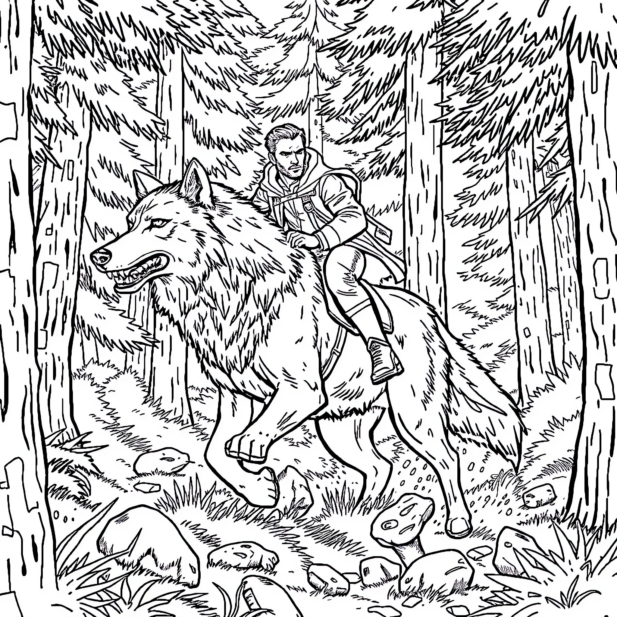 Ryan Reynolds adventures through the forest on a wolf Coloring Page (free black-and-white line drawing printable PDF for all, from beginners to advanced learners, including children, teens, adults, and seniors)
