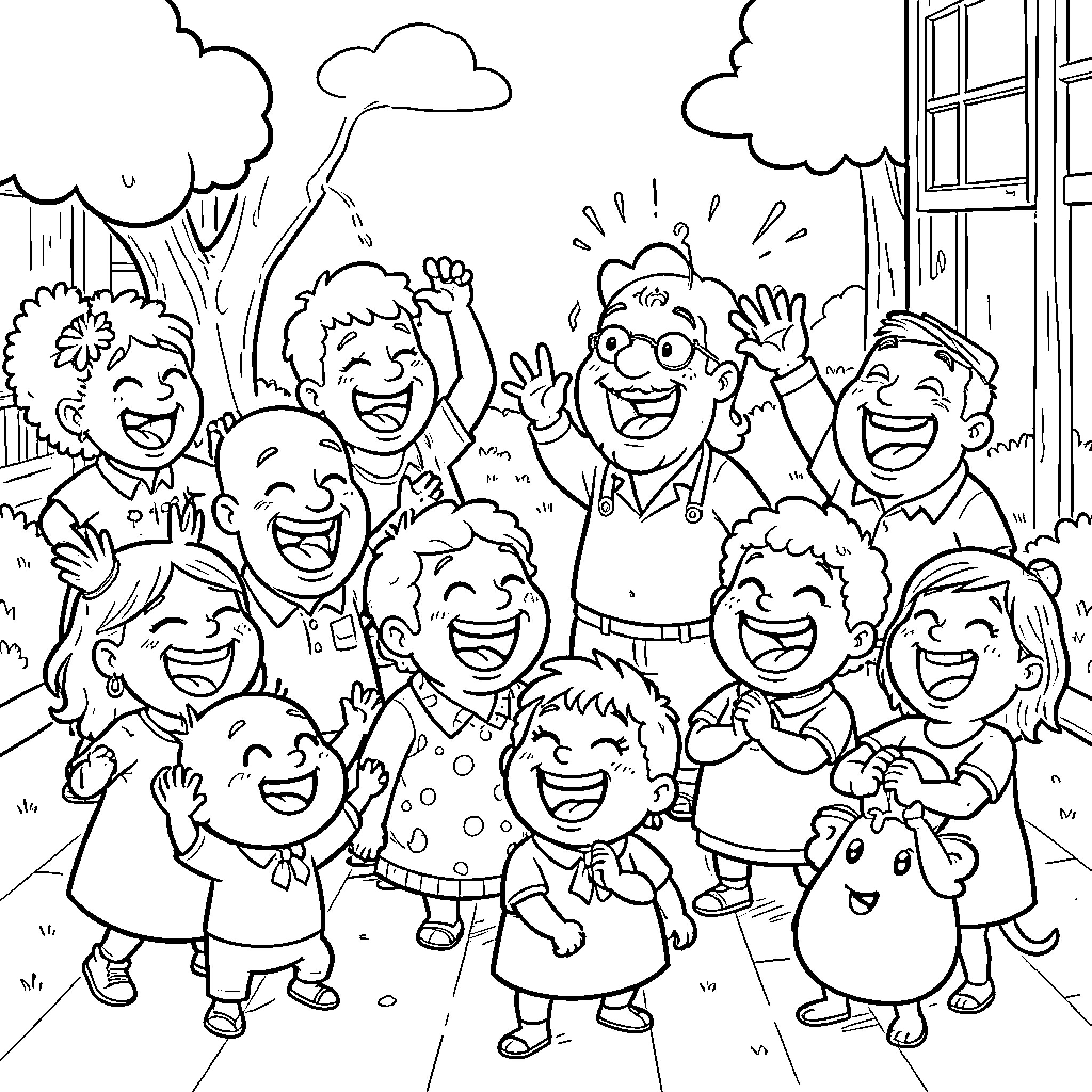 Funny group of happy children laughing and waving Coloring Page (free black-and-white line drawing printable PDF for all, from beginners to advanced learners, including children, teens, adults, and seniors)