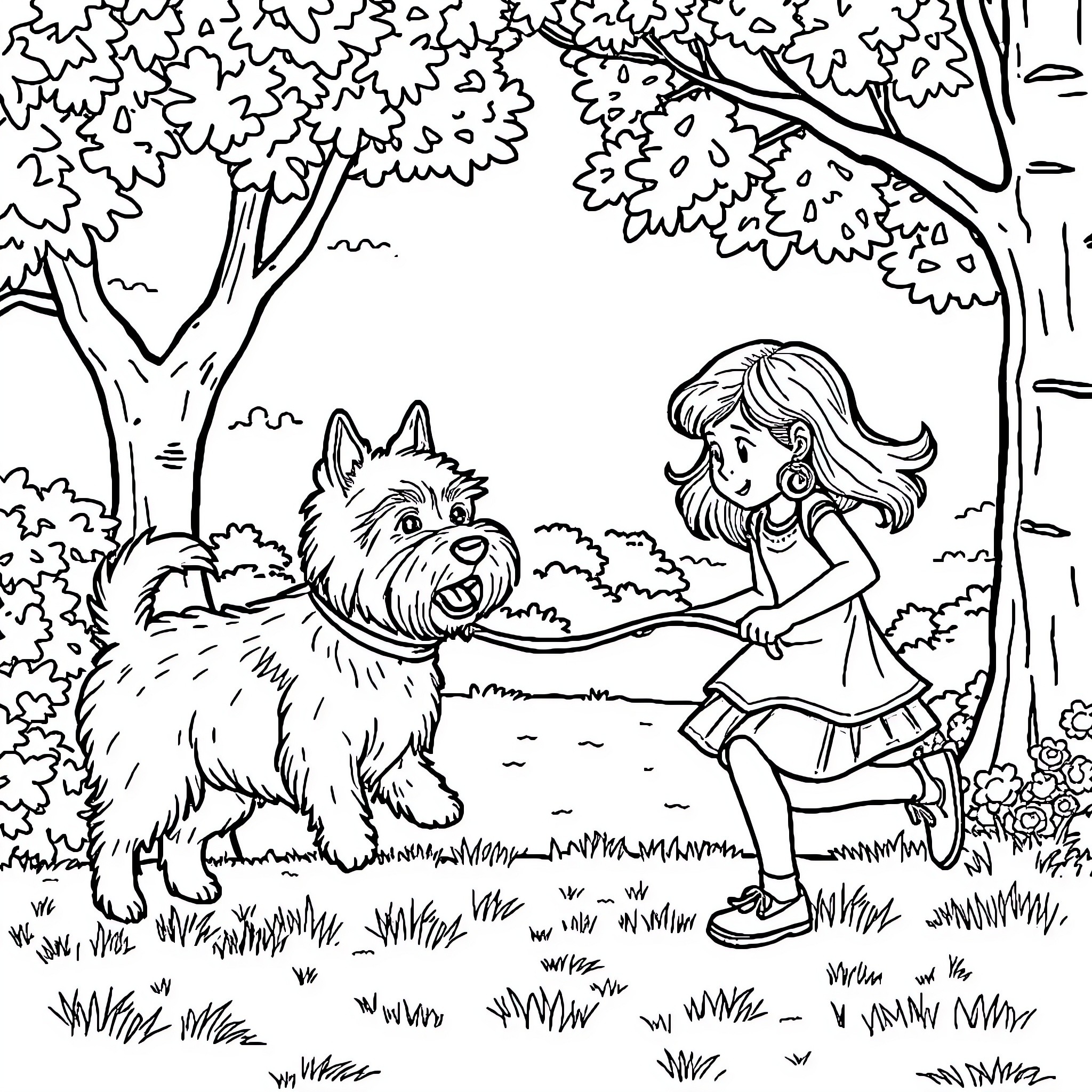 Westie Playing with Girl in Forest Coloring Page (free black-and-white line drawing printable PDF for all, from beginners to advanced learners, including children, teens, adults, and seniors)
