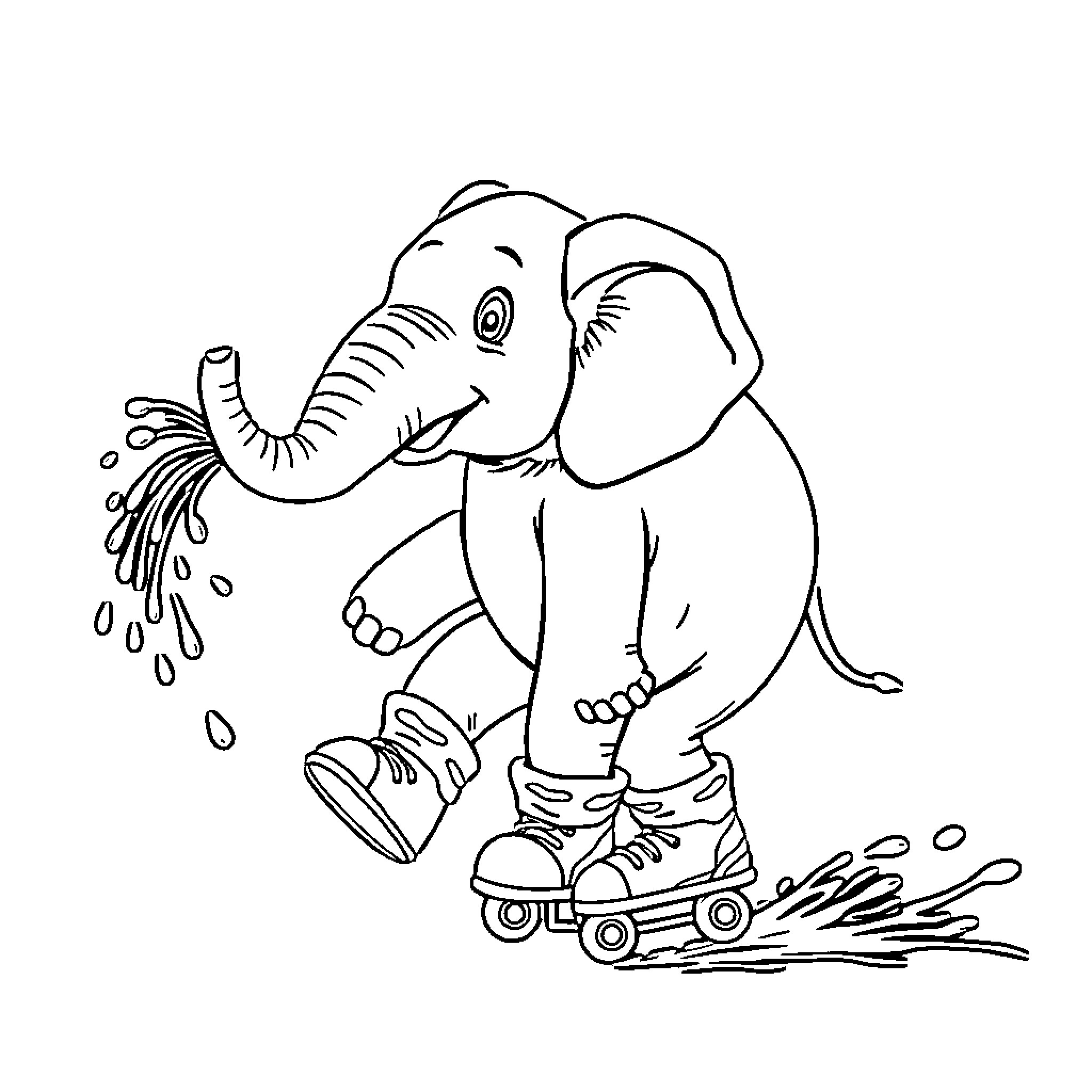 Elephant playing on roller skates and spraying water Coloring Page (free black-and-white line drawing printable PDF for all, from beginners to advanced learners, including children, teens, adults, and seniors)