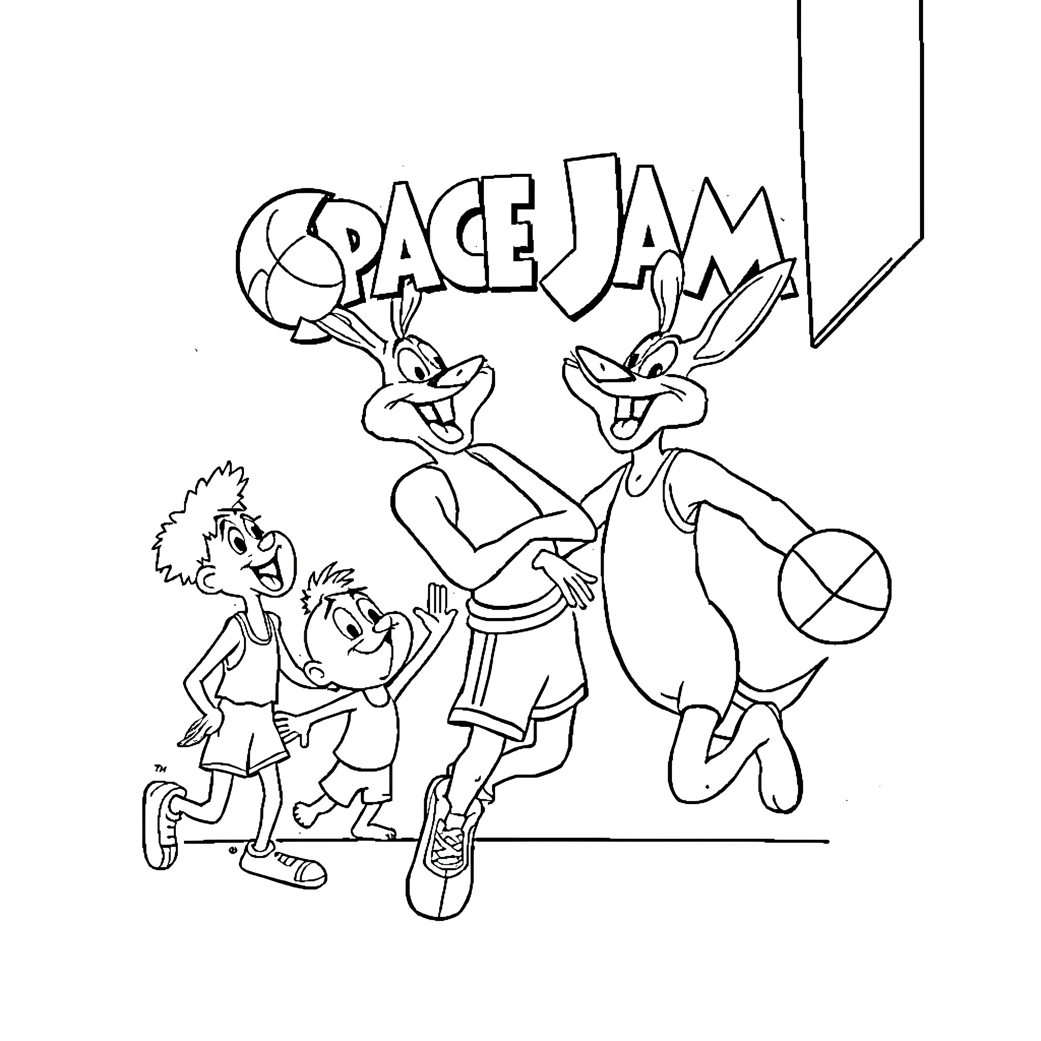 Space Jam with Cartoon Characters Playing Basketball Coloring Page (free black-and-white line drawing printable PDF for all, from beginners to advanced learners, including children, teens, adults, and seniors)