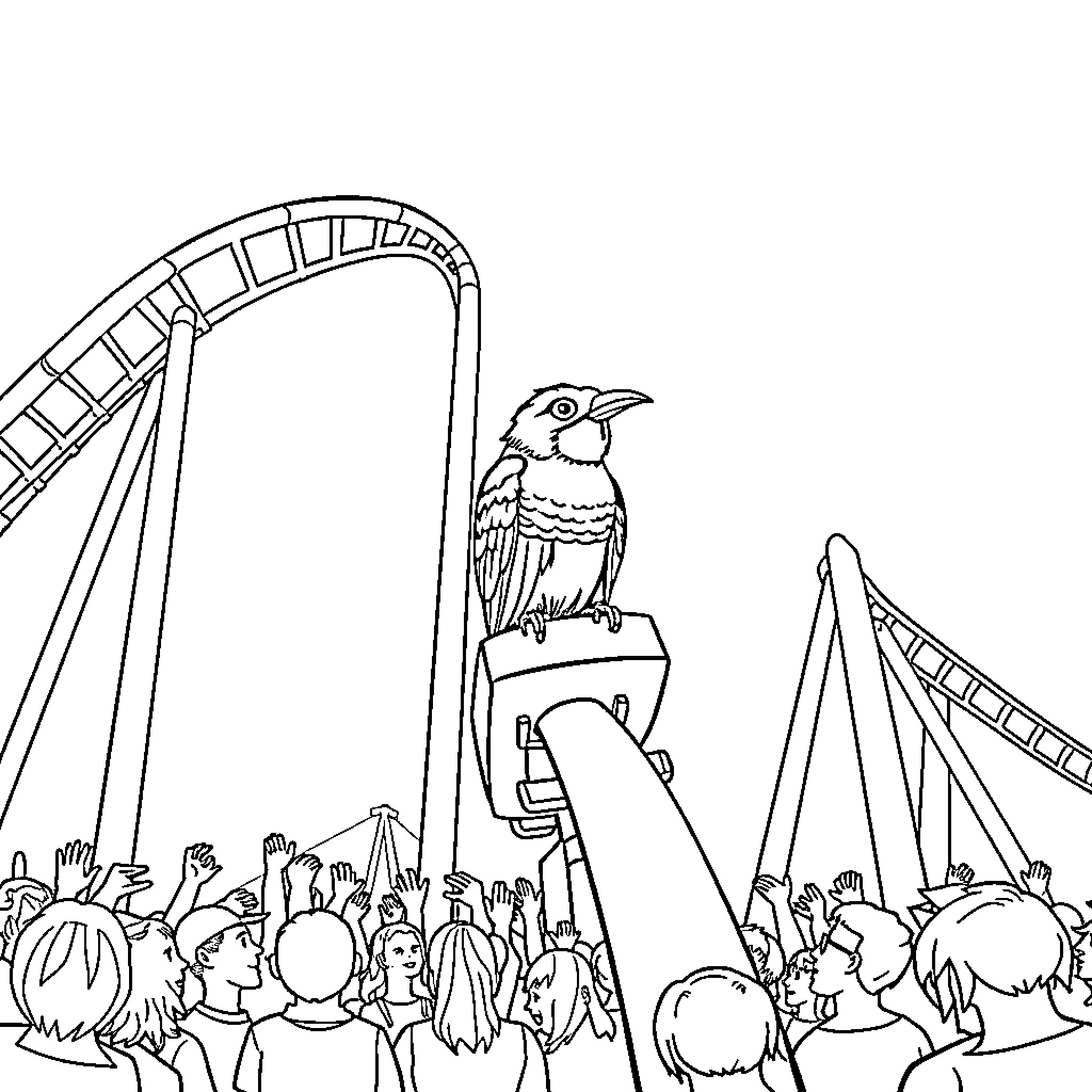 Bird perched on rollercoaster observing crowd Coloring Page (free black-and-white line drawing printable PDF for all, from beginners to advanced learners, including children, teens, adults, and seniors)