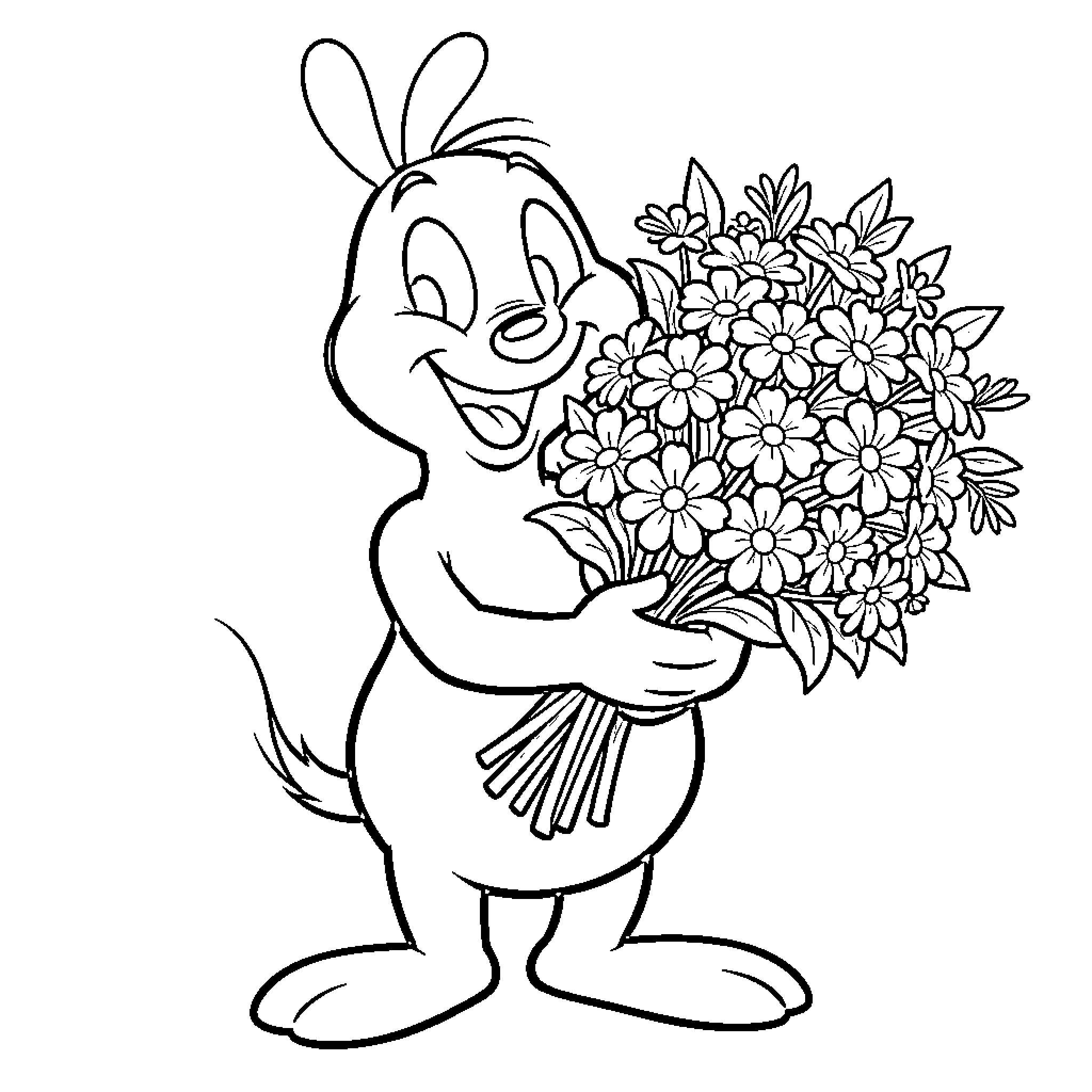 Porky Pig character holding a large bouquet of flowers Coloring Page (free black-and-white line drawing printable PDF for all, from beginners to advanced learners, including children, teens, adults, and seniors)