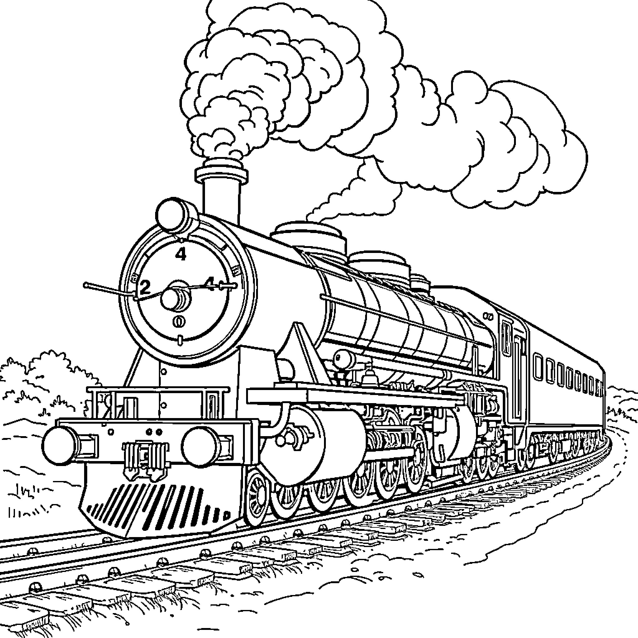 Steam Train Rushing Through the Countryside Coloring Page (free black-and-white line drawing printable PDF for all, from beginners to advanced learners, including children, teens, adults, and seniors)