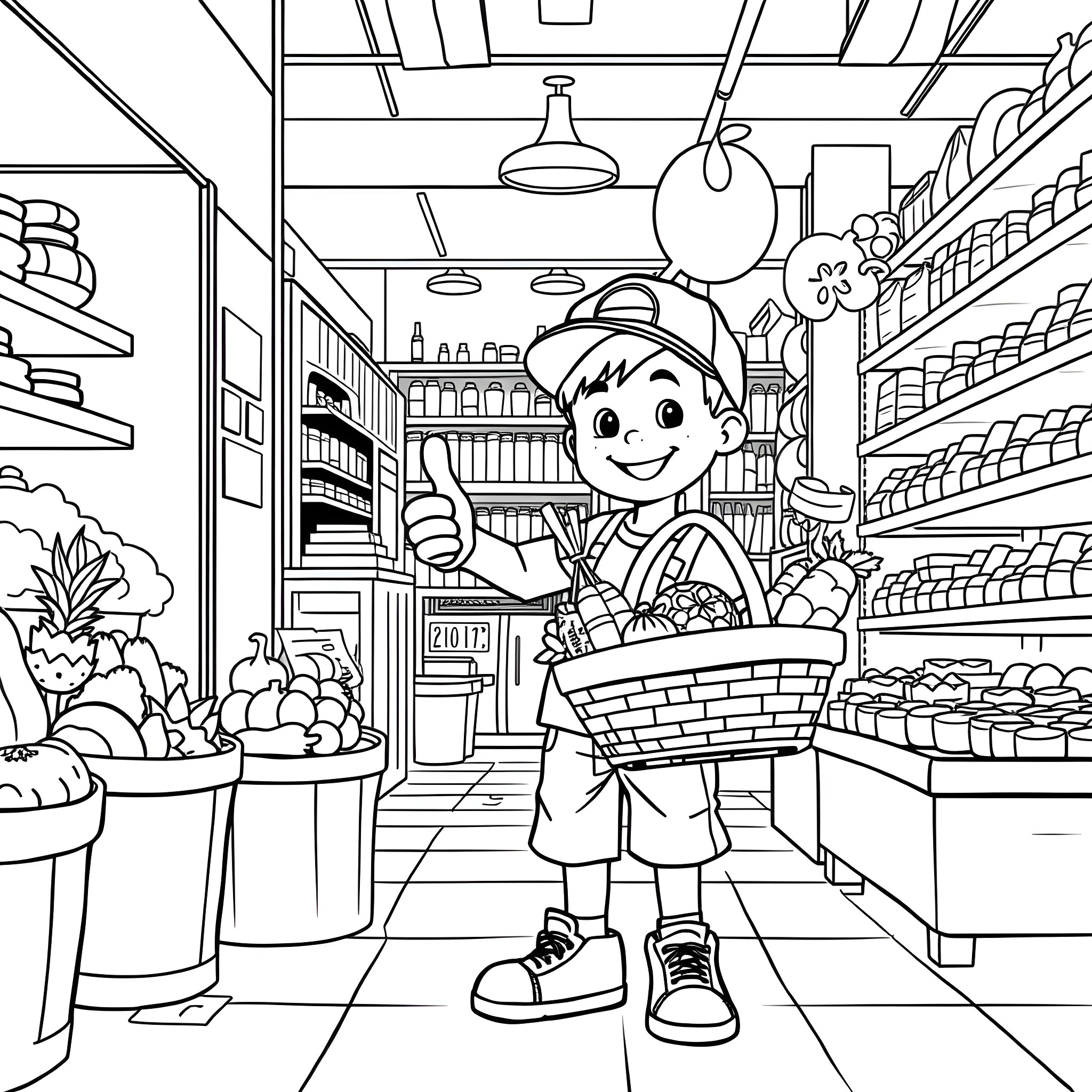 Boy smiling while shopping with grocery basket Coloring Page (free black-and-white line drawing printable PDF for all, from beginners to advanced learners, including children, teens, adults, and seniors)