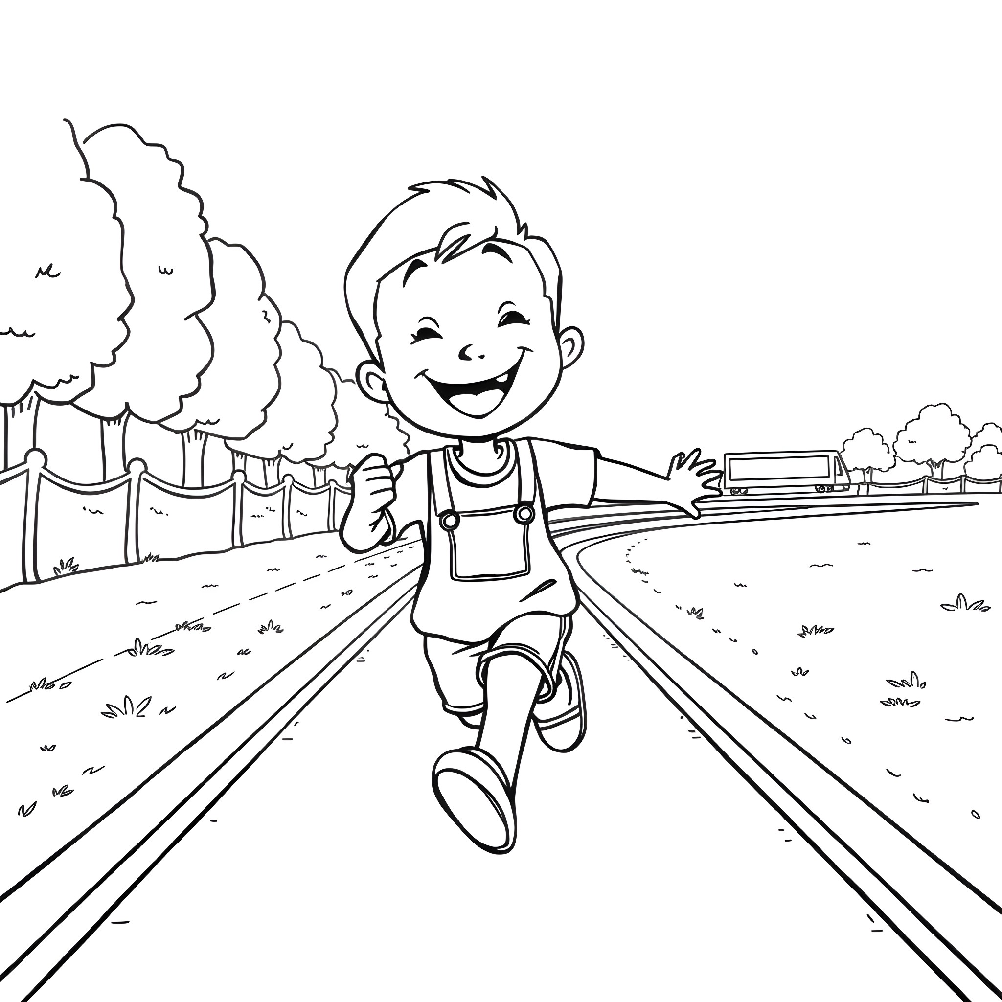 Boy happily running on a path Coloring Page (free black-and-white line drawing printable PDF for all, from beginners to advanced learners, including children, teens, adults, and seniors)