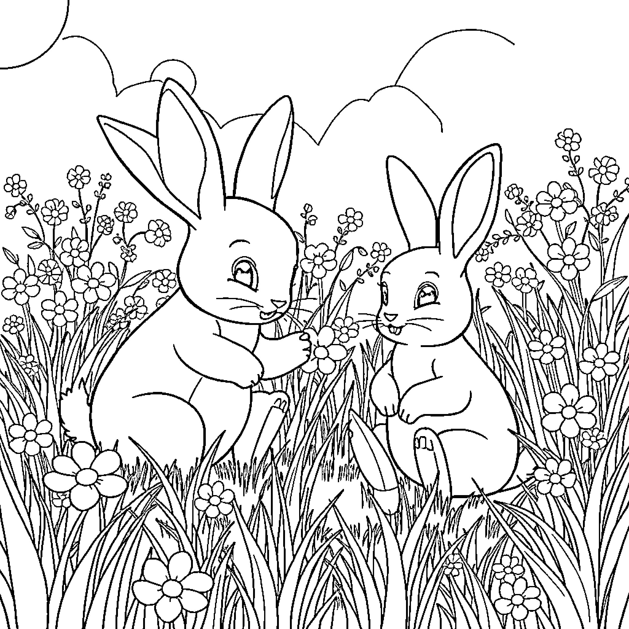 Bluey bunnies sitting together in a flowery meadow Coloring Page (free black-and-white line drawing printable PDF for all, from beginners to advanced learners, including children, teens, adults, and seniors)