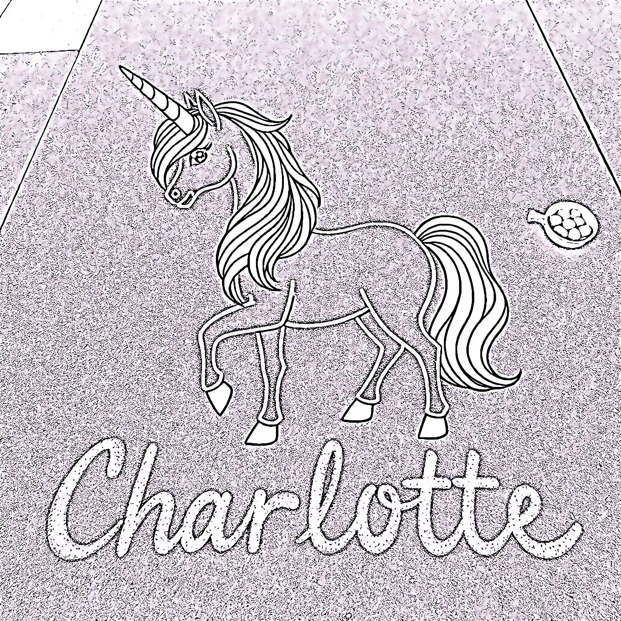 Unicorn with Flowing Mane and Stylized Name Coloring Page (free black-and-white line drawing printable PDF for all, from beginners to advanced learners, including children, teens, adults, and seniors)