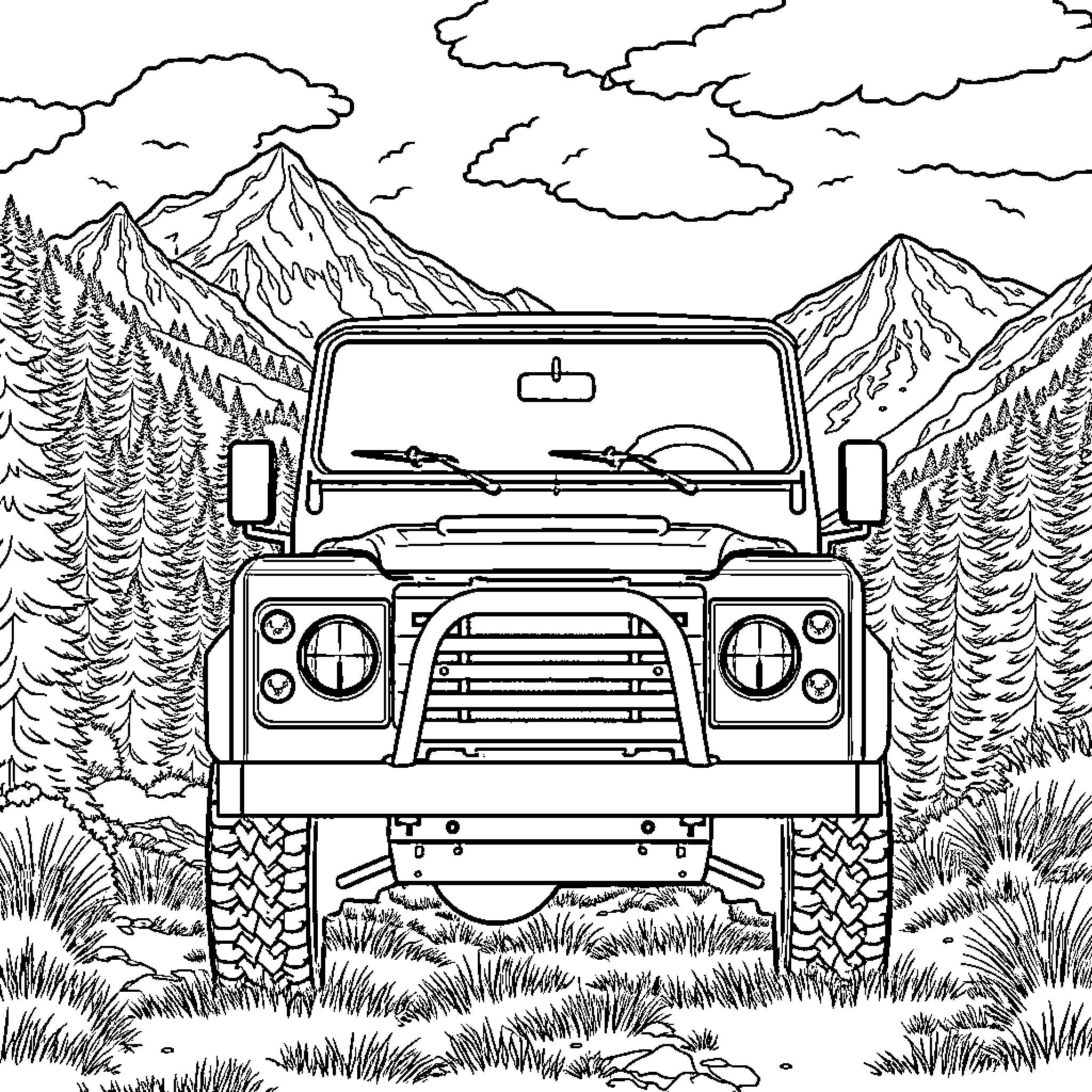 Land Rover Defender exploring rugged mountain terrain Coloring Page (free black-and-white line drawing printable PDF for all, from beginners to advanced learners, including children, teens, adults, and seniors)