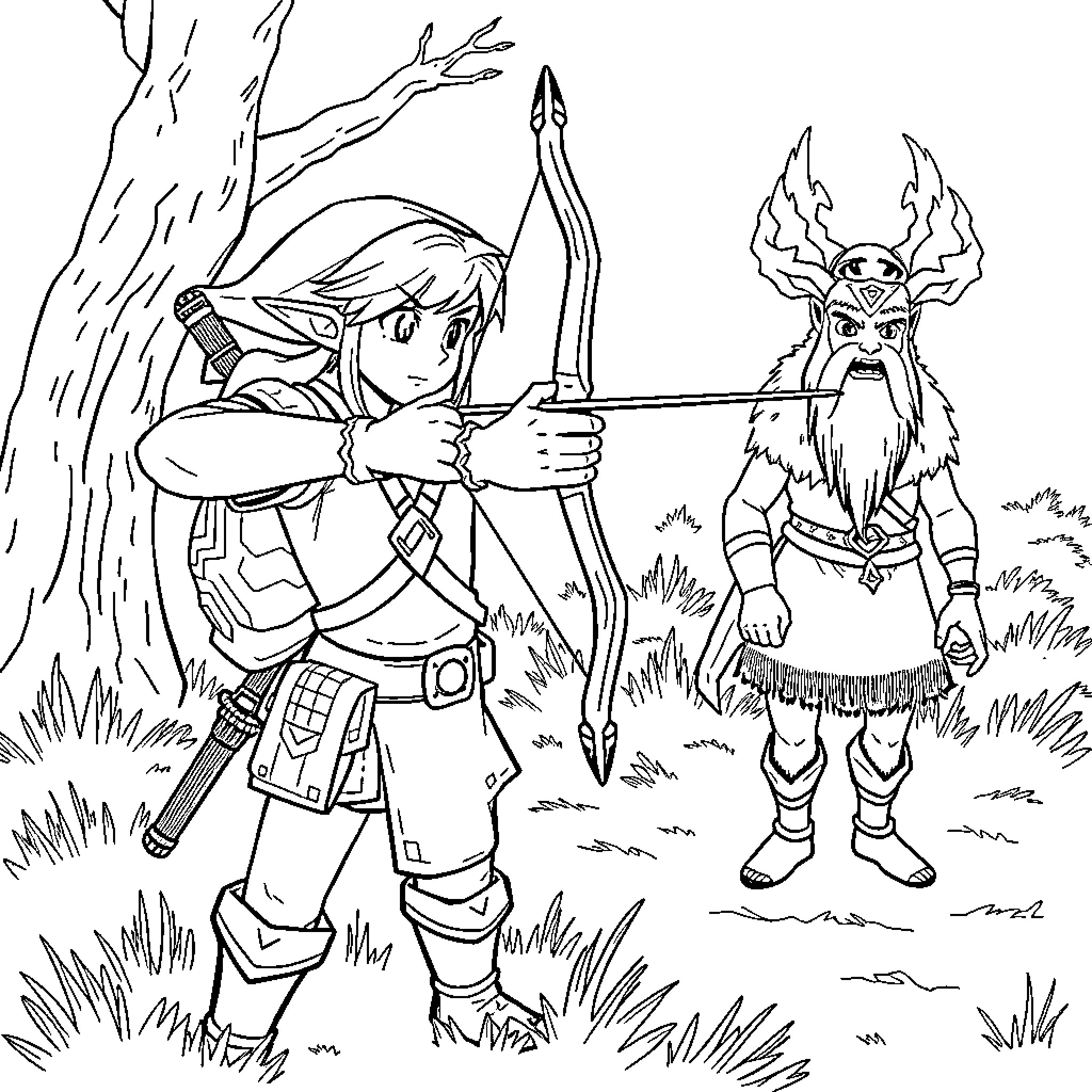 Link Battling a Mysterious Creature in the Forest Coloring Page (free black-and-white line drawing printable PDF for all, from beginners to advanced learners, including children, teens, adults, and seniors)