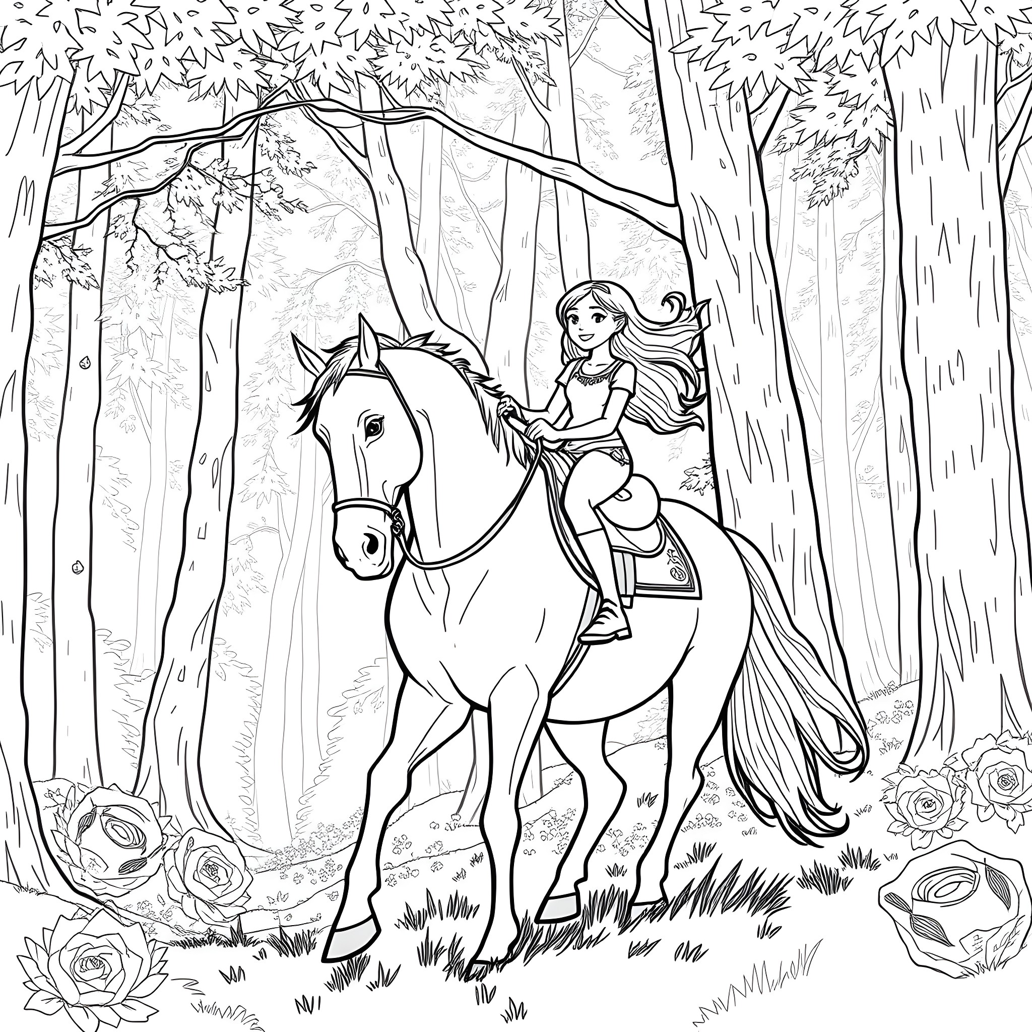 Girl riding a horse through the forest Coloring Page (free black-and-white line drawing printable PDF for all, from beginners to advanced learners, including children, teens, adults, and seniors)