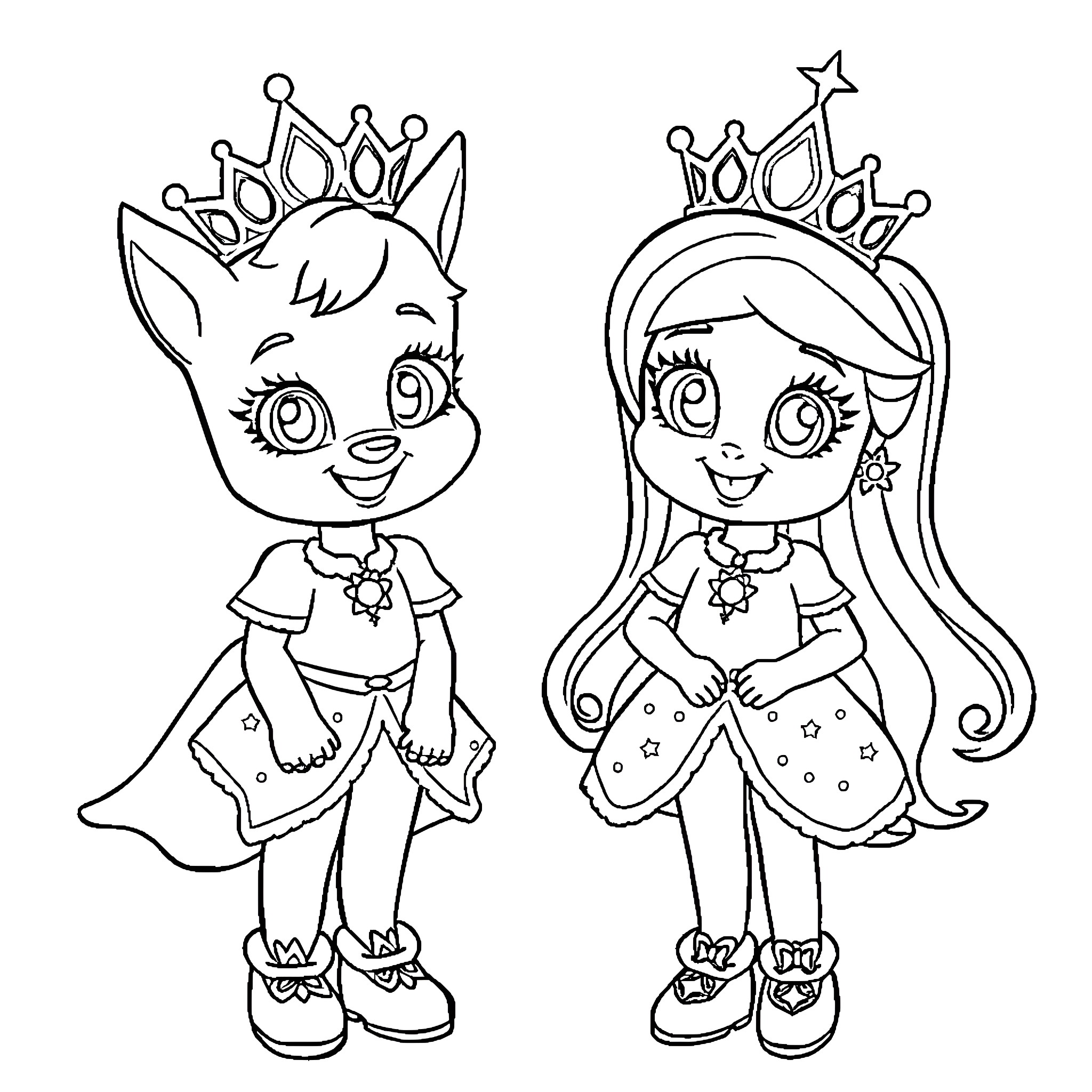 Bluey and Princess characters playing dress-up Coloring Page (free black-and-white line drawing printable PDF for all, from beginners to advanced learners, including children, teens, adults, and seniors)