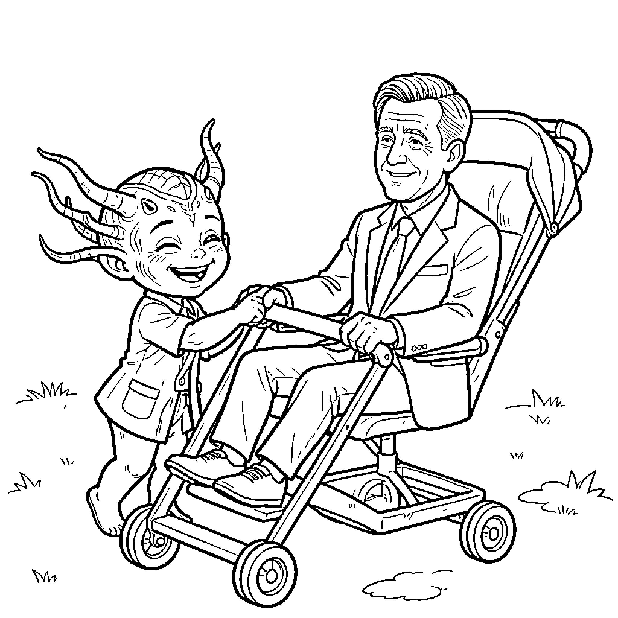 Baby Vecna pushing a man in a stroller Coloring Page (free black-and-white line drawing printable PDF for all, from beginners to advanced learners, including children, teens, adults, and seniors)
