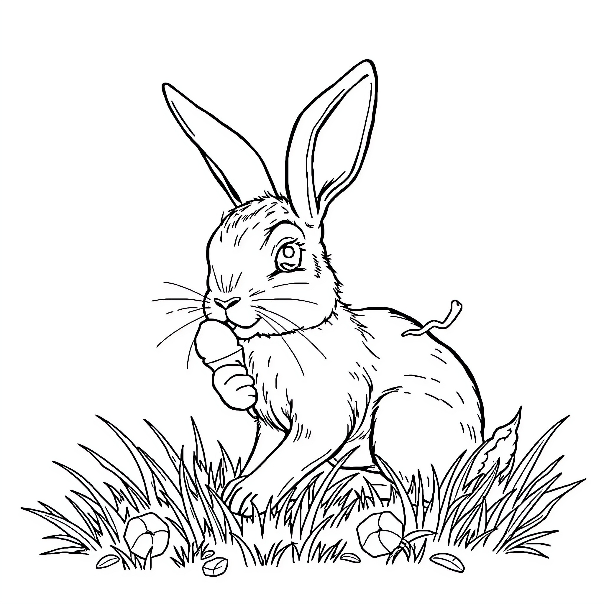 Rabbit exploring the grassy meadow Coloring Page (free black-and-white line drawing printable PDF for all, from beginners to advanced learners, including children, teens, adults, and seniors)