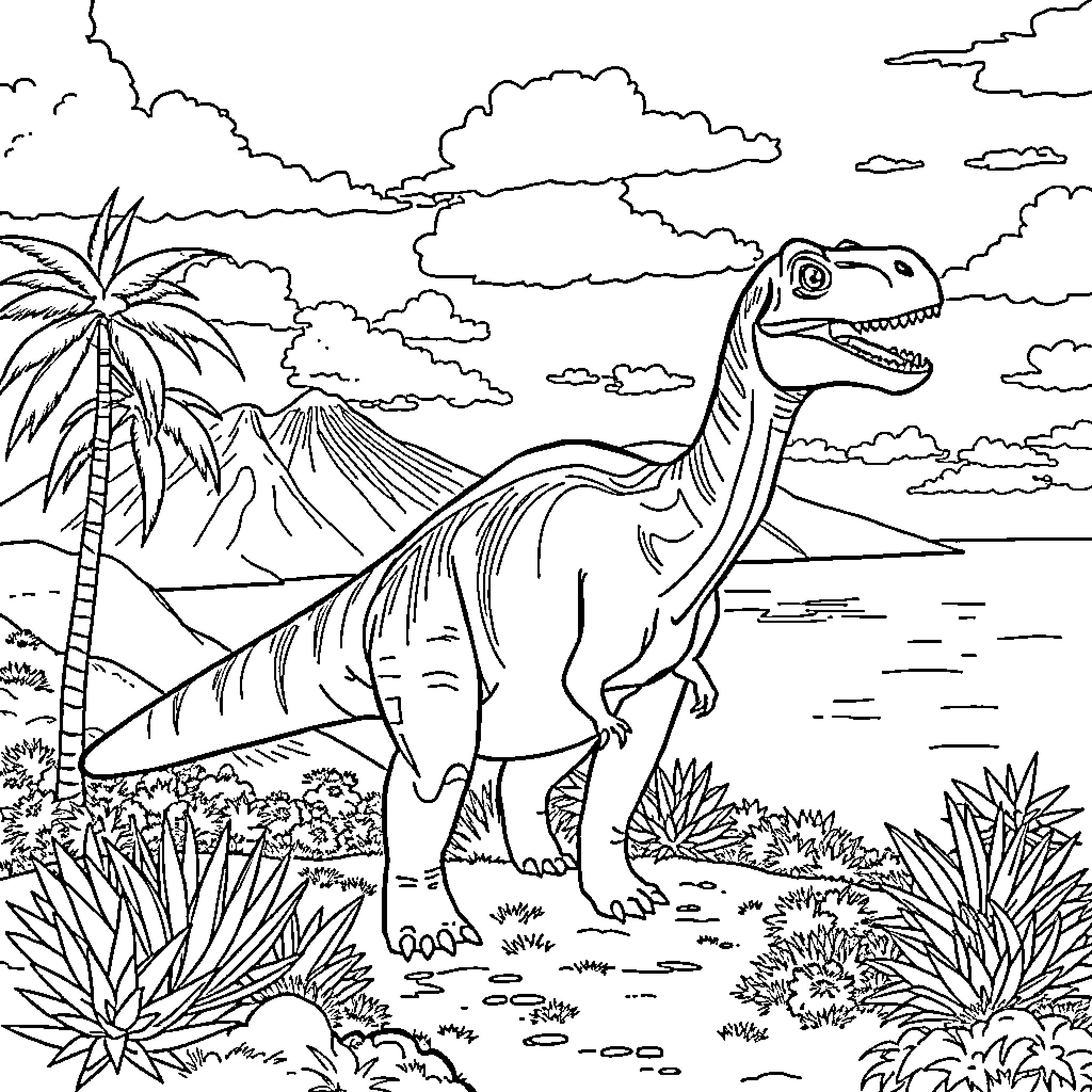 Dinosaur in a Prehistoric Landscape Coloring Page (free black-and-white line drawing printable PDF for all, from beginners to advanced learners, including children, teens, adults, and seniors)