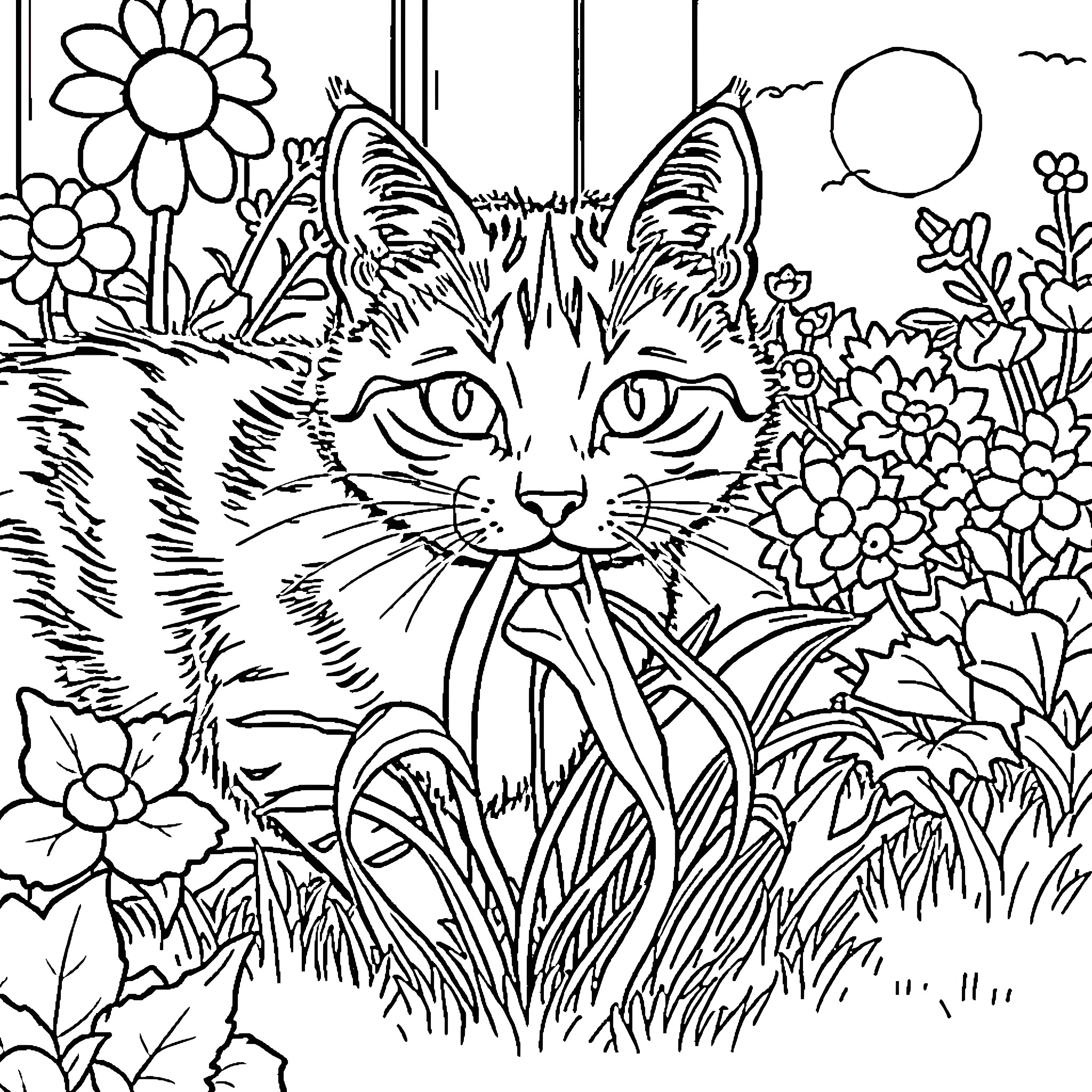 Cat hiding in lush garden scenery Coloring Page (free black-and-white line drawing printable PDF for all, from beginners to advanced learners, including children, teens, adults, and seniors)