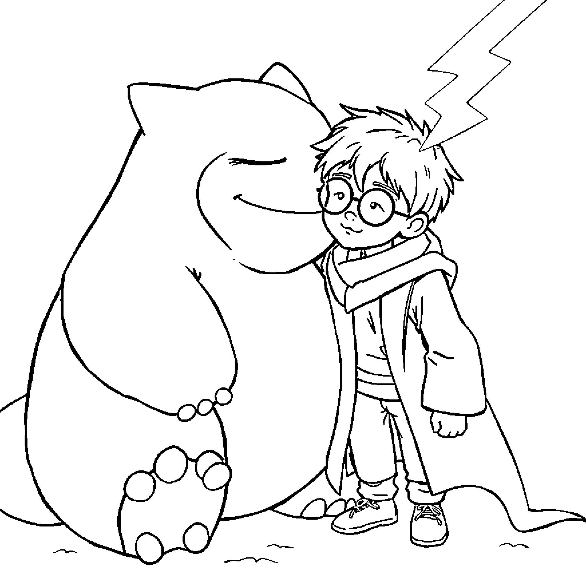 Snorlax waking up a curious young boy Coloring Page (free black-and-white line drawing printable PDF for all, from beginners to advanced learners, including children, teens, adults, and seniors)