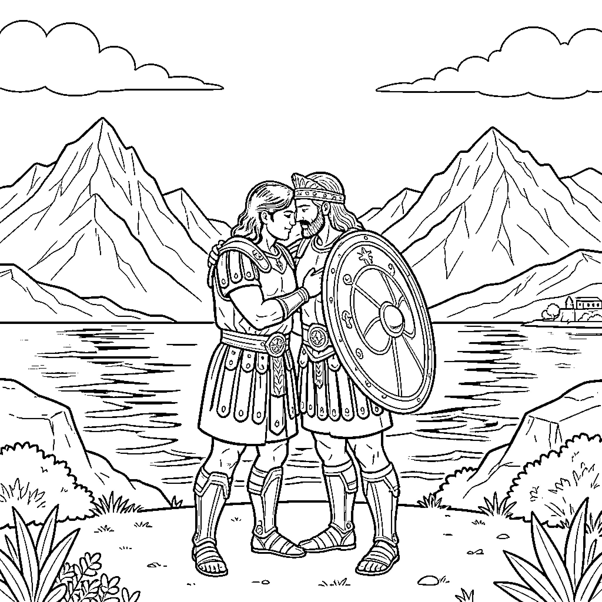 Patroclus and Achilles in heroic embrace Coloring Page (free black-and-white line drawing printable PDF for all, from beginners to advanced learners, including children, teens, adults, and seniors)